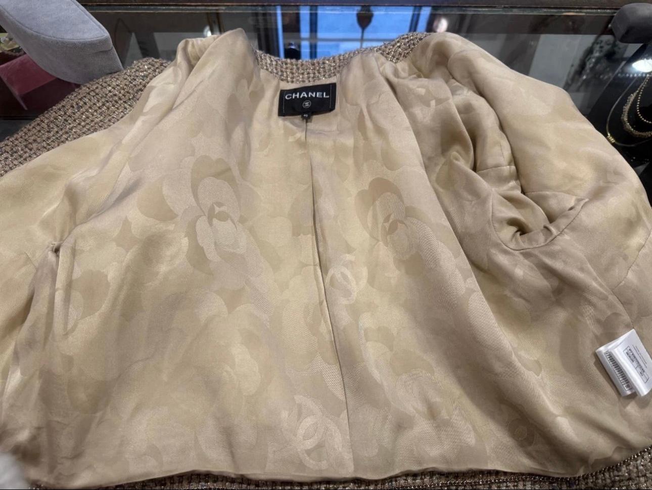 2021 Pre Fall CHANEL by Virginie Viard Faux Fur Trim Lamé Jacket, Size 40 For Sale 1