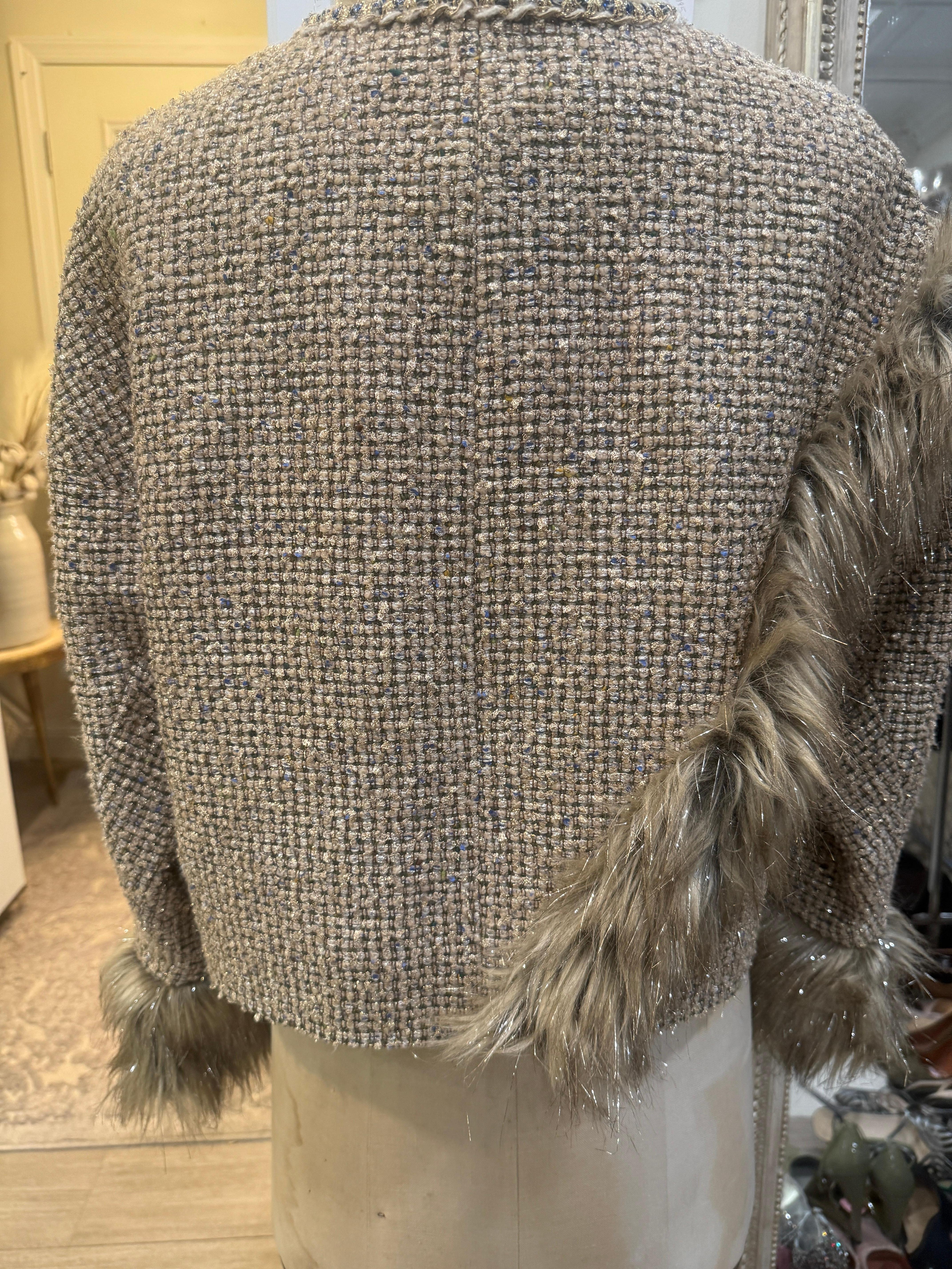 2021 Pre Fall CHANEL by Virginie Viard Faux Fur Trim Lamé Jacket, Size 40 4