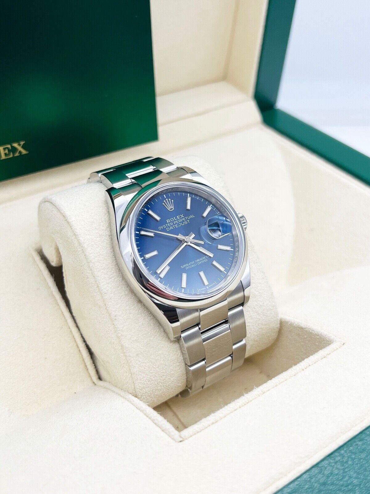 2021 Rolex 126200 36mm Datejust Blue Dial Stainless Steel Box Paper In Excellent Condition For Sale In San Diego, CA