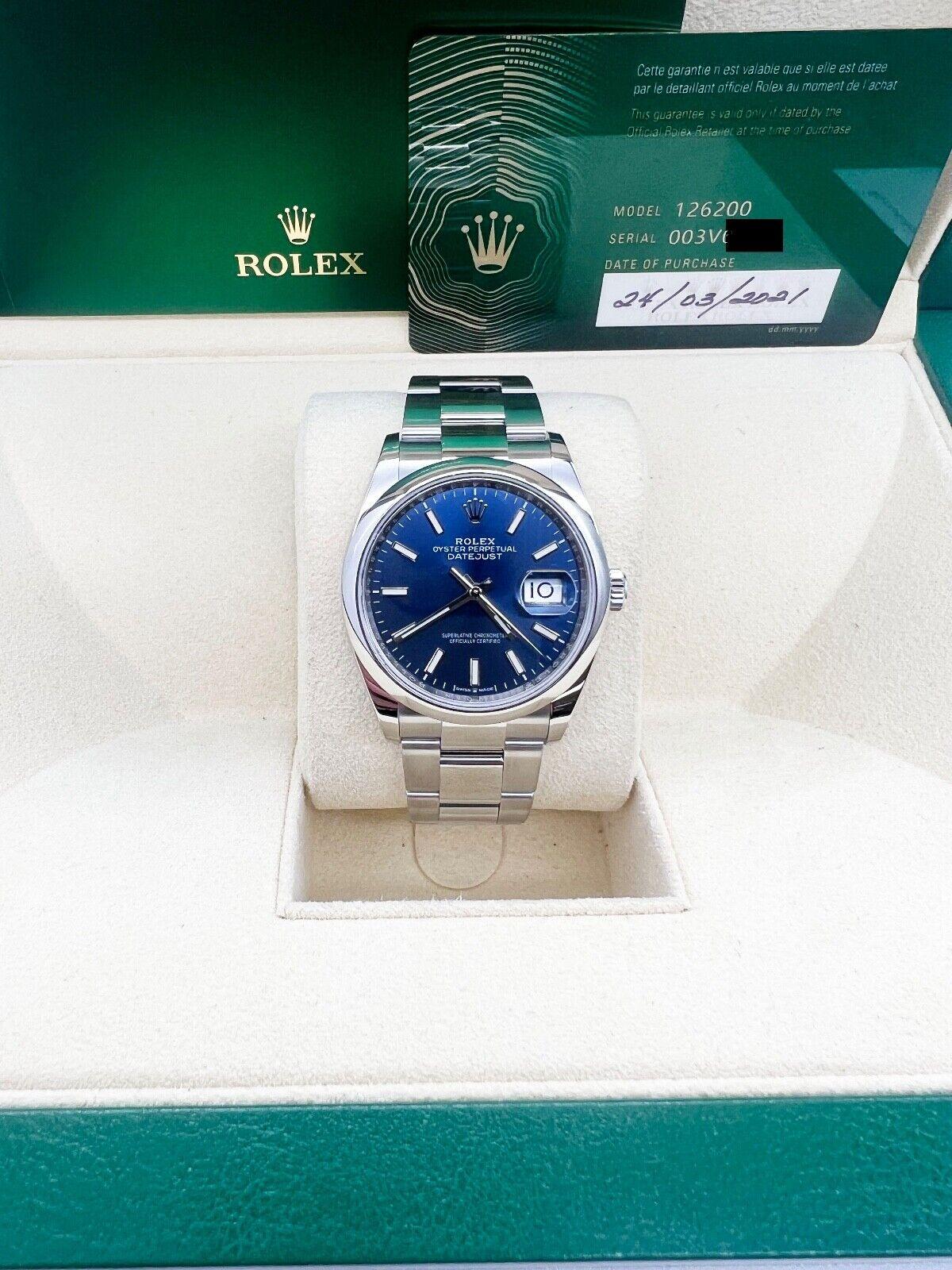 2021 Rolex 126200 36mm Datejust Blue Dial Stainless Steel Box Paper For Sale 3