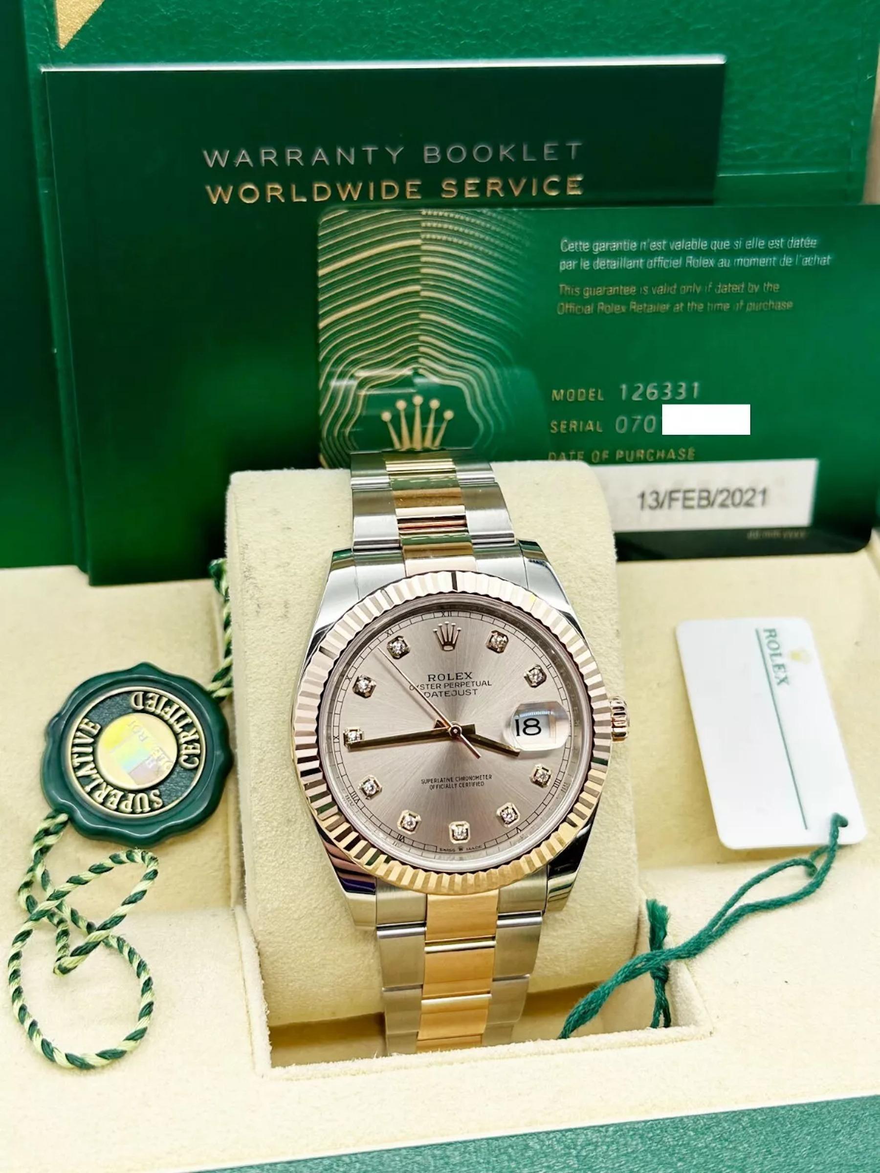 Rolex Datejust 41 126331 Sundust Diamond Dial 18K Rose Gold Steel Box Paper 2021 In Excellent Condition For Sale In San Diego, CA