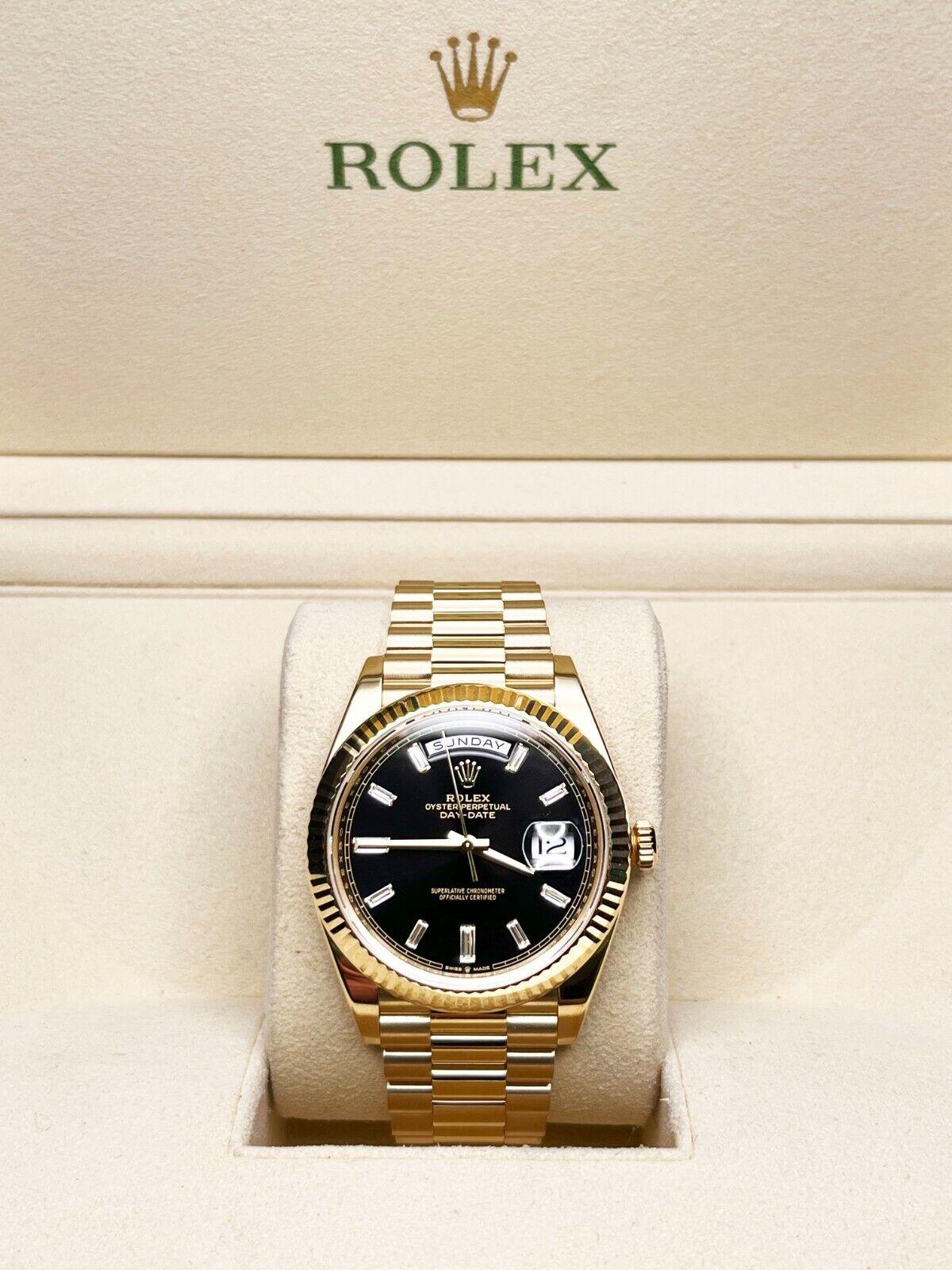 2021 Rolex 40mm Präsident 228238 Baguette Diamant Zifferblatt 18K Gold Box Papiere 2
