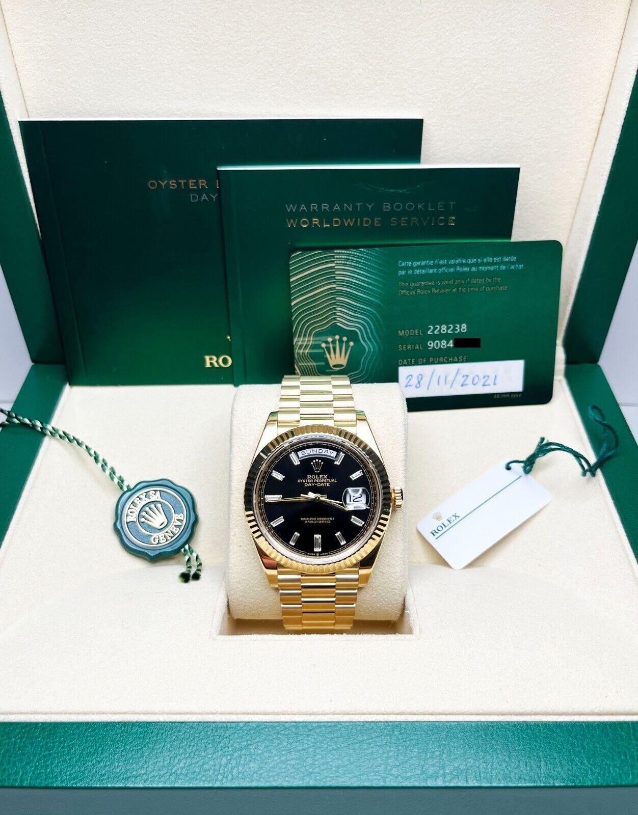 2021 Rolex 40mm Präsident 228238 Baguette Diamant Zifferblatt 18K Gold Box Papiere 4