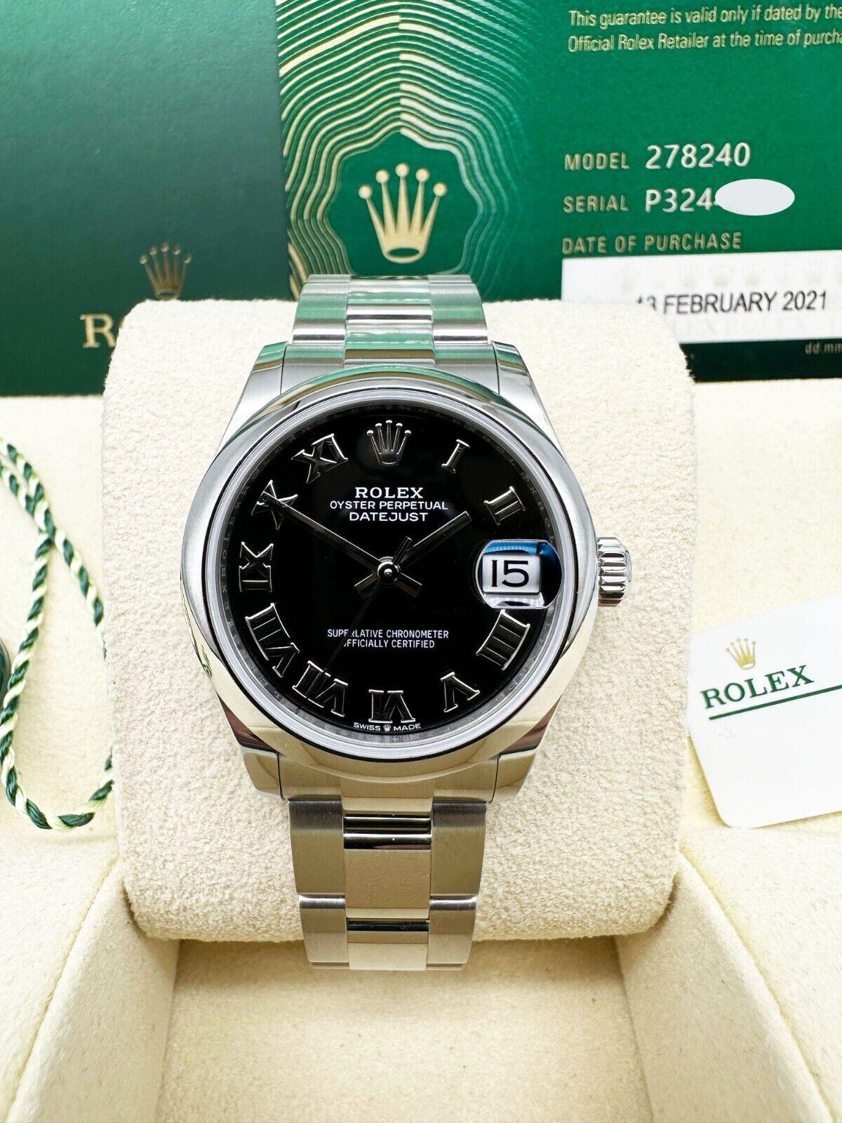 Style Number: 278240

 

Serial: P3244***


Year: 2021

 

Model: Midsize Datejust

 

Case Material: Stainless Steel

 

Band: Stainless Steel

 

Bezel: Stainless Steel

 

Dial: Black Roman Dial

 

Face: Sapphire Crystal

 

Case Size: 31mm

