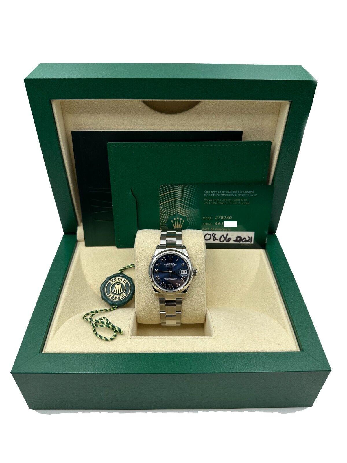 Serial: 4A39F***

Year: 2021

Model: Midsize Datejust

Case Material: Stainless Steel

Band: Stainless Steel  

Bezel: Stainless Steel
  
Dial: Blue Roman Dial

Face: Sapphire Crystal

Case Size: 31mm

Includes: 

-Rolex Box & Papers

-Certified