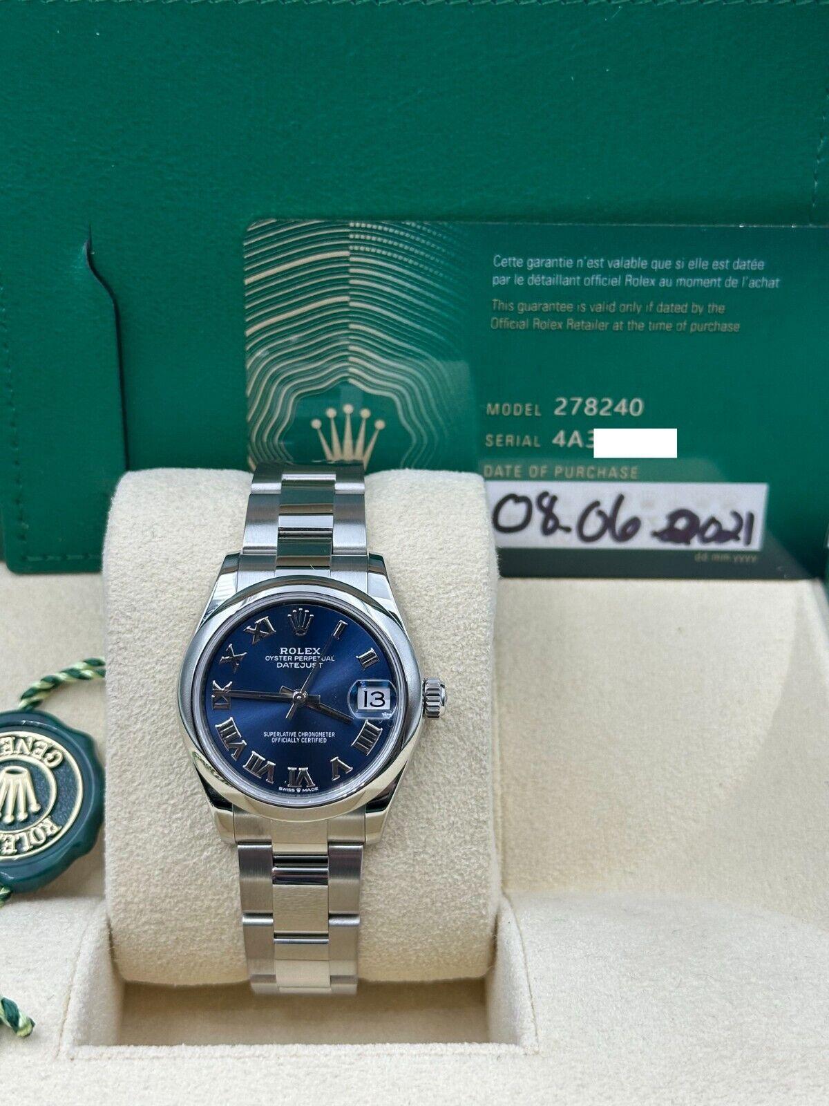 2021 Rolex Midsize 31mm Steel Datejust 278240 Blue Roman Dial Box Papers In Excellent Condition For Sale In San Diego, CA