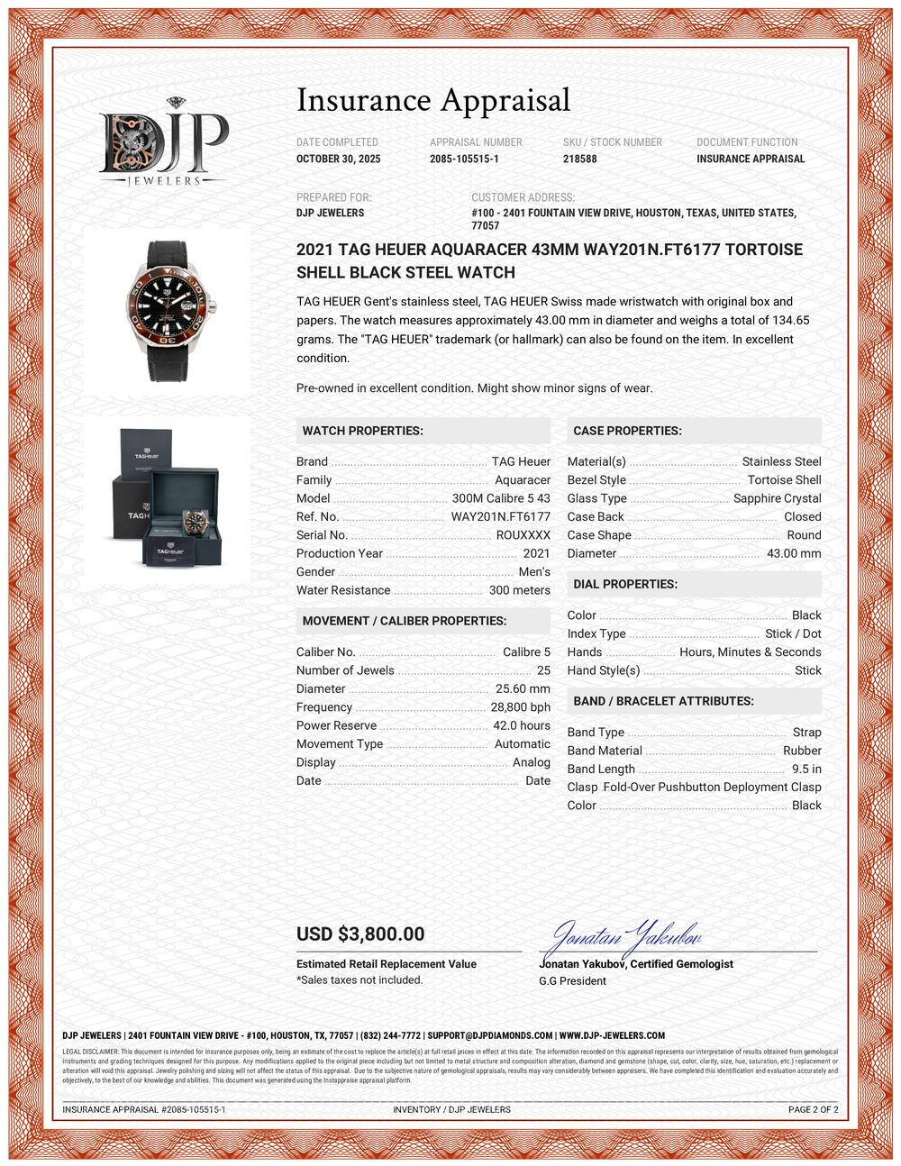 2021 Montre TAG Heuer Aquaracer 43MM way201n.ft6177 Écaille noir Steele en vente 6