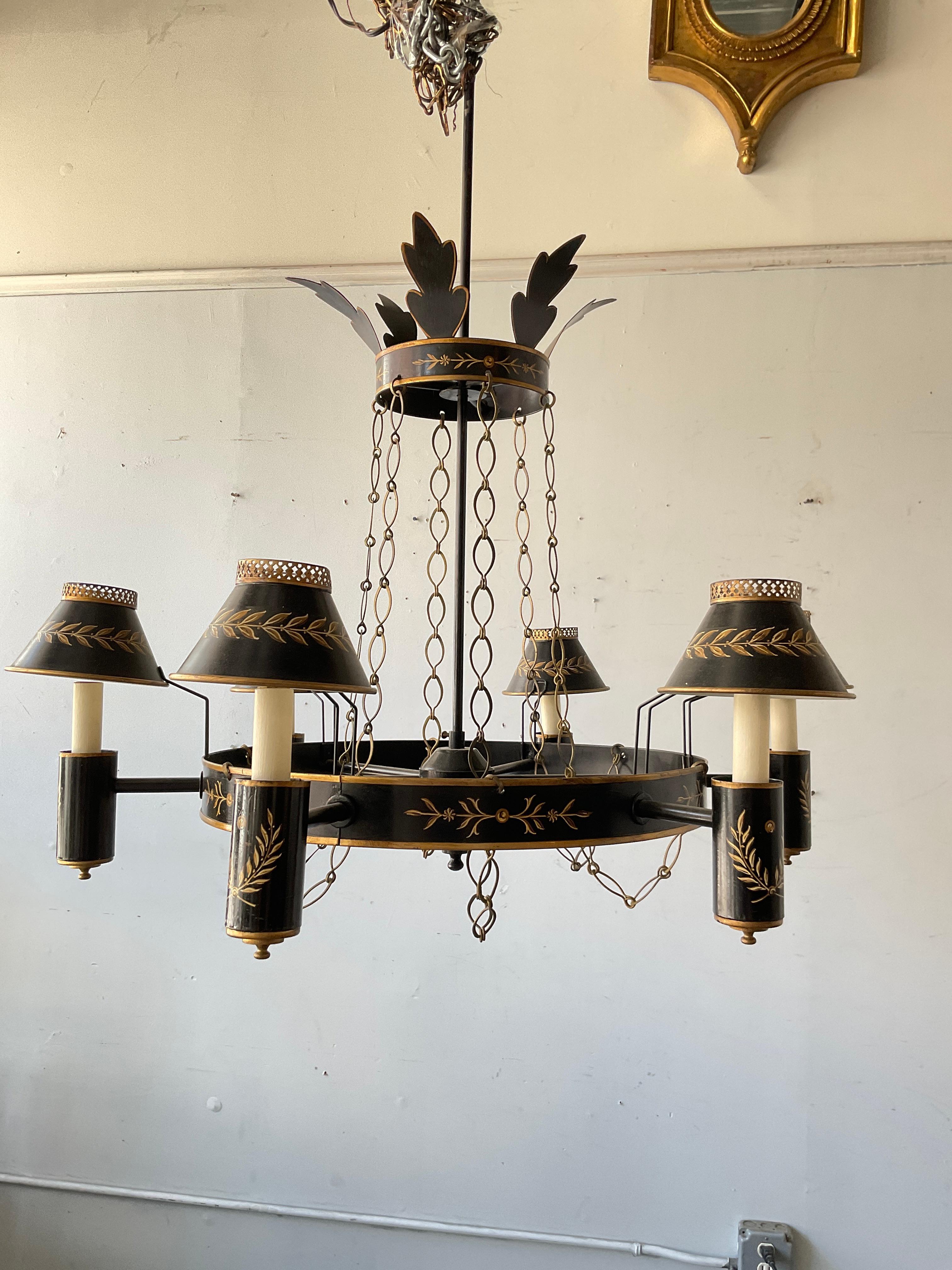 Vaughn  tole empire style chandelier.
Chandelier has original wiring, needs rewiring.
