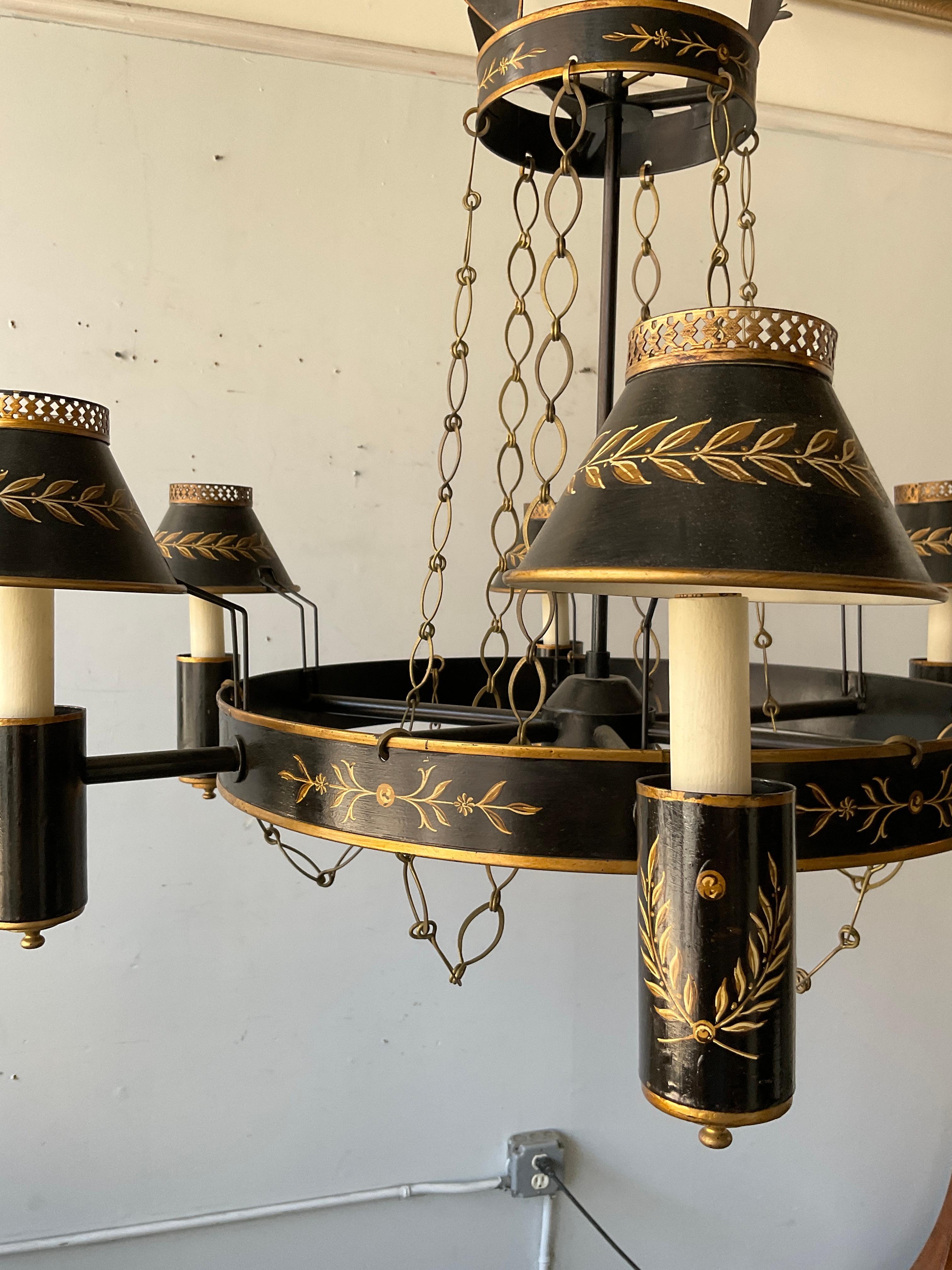 Metal 2021 Vaughn Tole Black And Gold Empire Chandelier For Sale