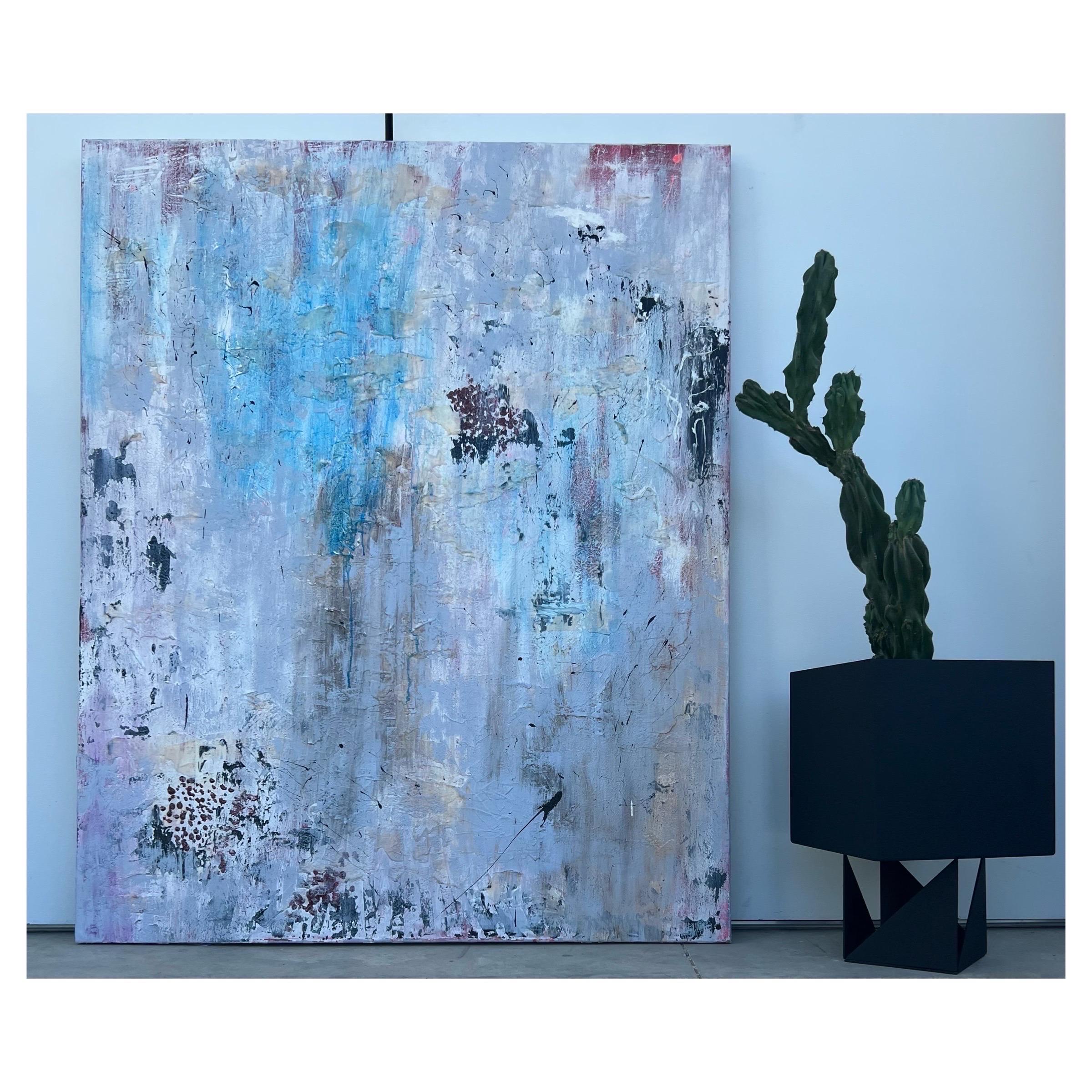 Highly textured new abstract artwork. Mixed media: acrylic, India ink, and cotton string. Neutral color story with pops of color.