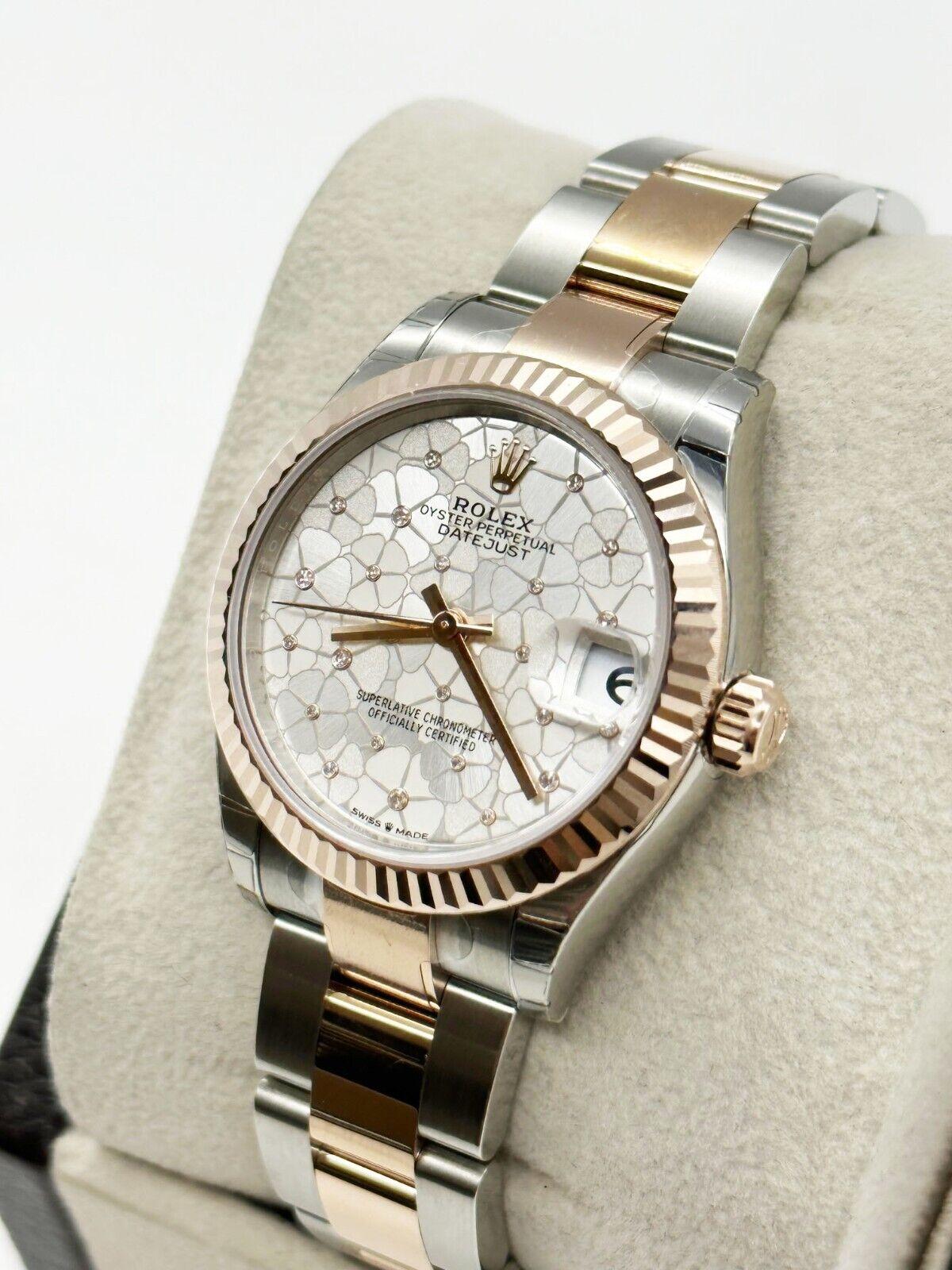 Round Cut 2022 Brand New Rolex Midsize 278271 Datejust Floral 18k Rose SS Box Paper For Sale