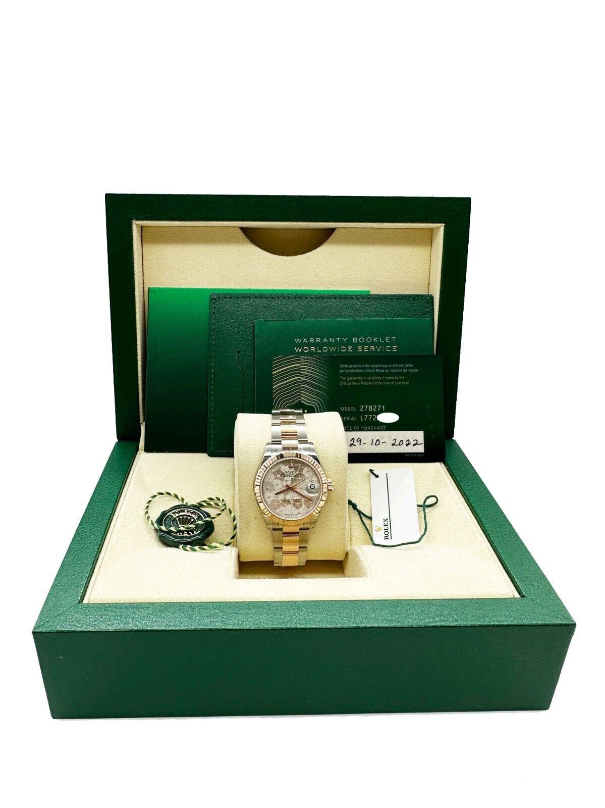 2022 Brand New Rolex Midsize 278271 Datejust Floral 18k Rose SS Box Paper In Excellent Condition In San Diego, CA
