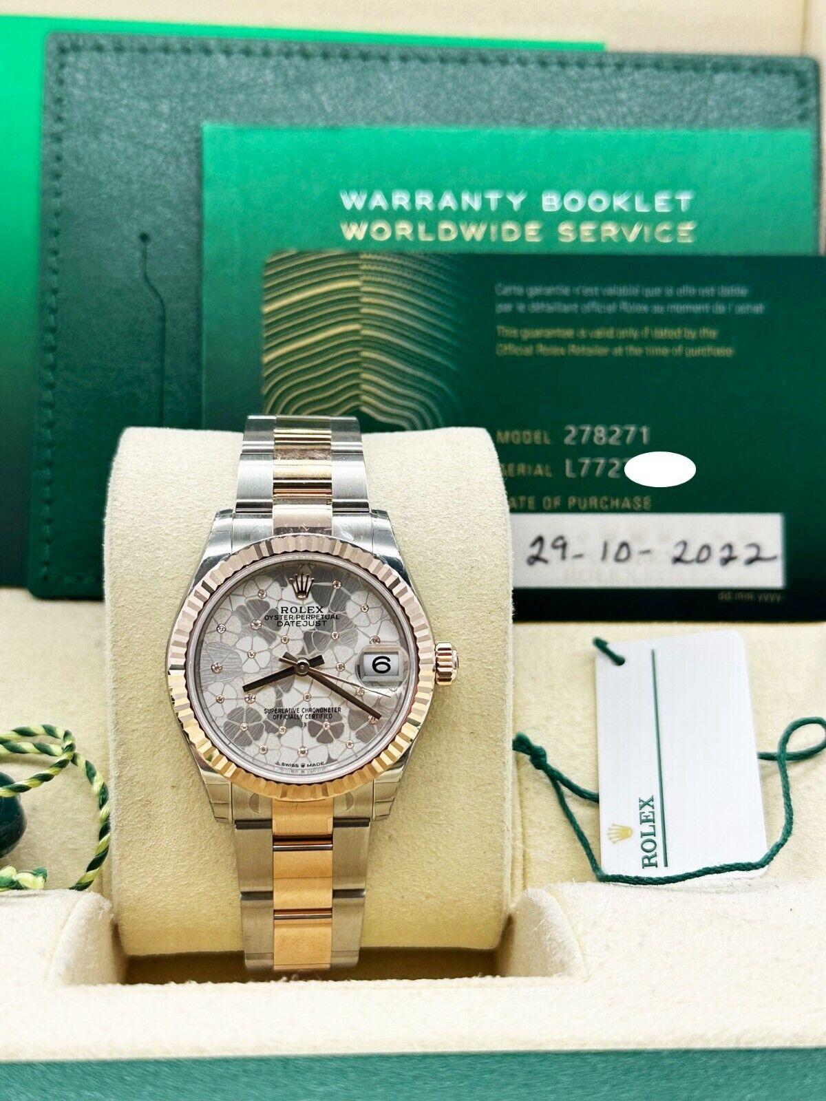 2022 Brand New Rolex Midsize 278271 Datejust Floral 18k Rose SS Box Paper For Sale 4