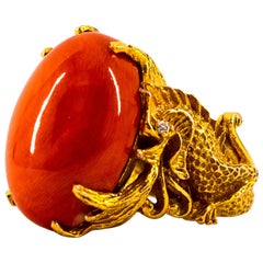 20.22 Carat Mediterranean Coral White Diamond Yellow Gold Dragons Cocktail Ring