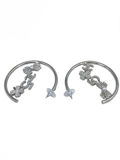 2022 Chanel A22V Silver Tone Crystal Pearl CC Logo Bow Clover Half Hoop Earrings