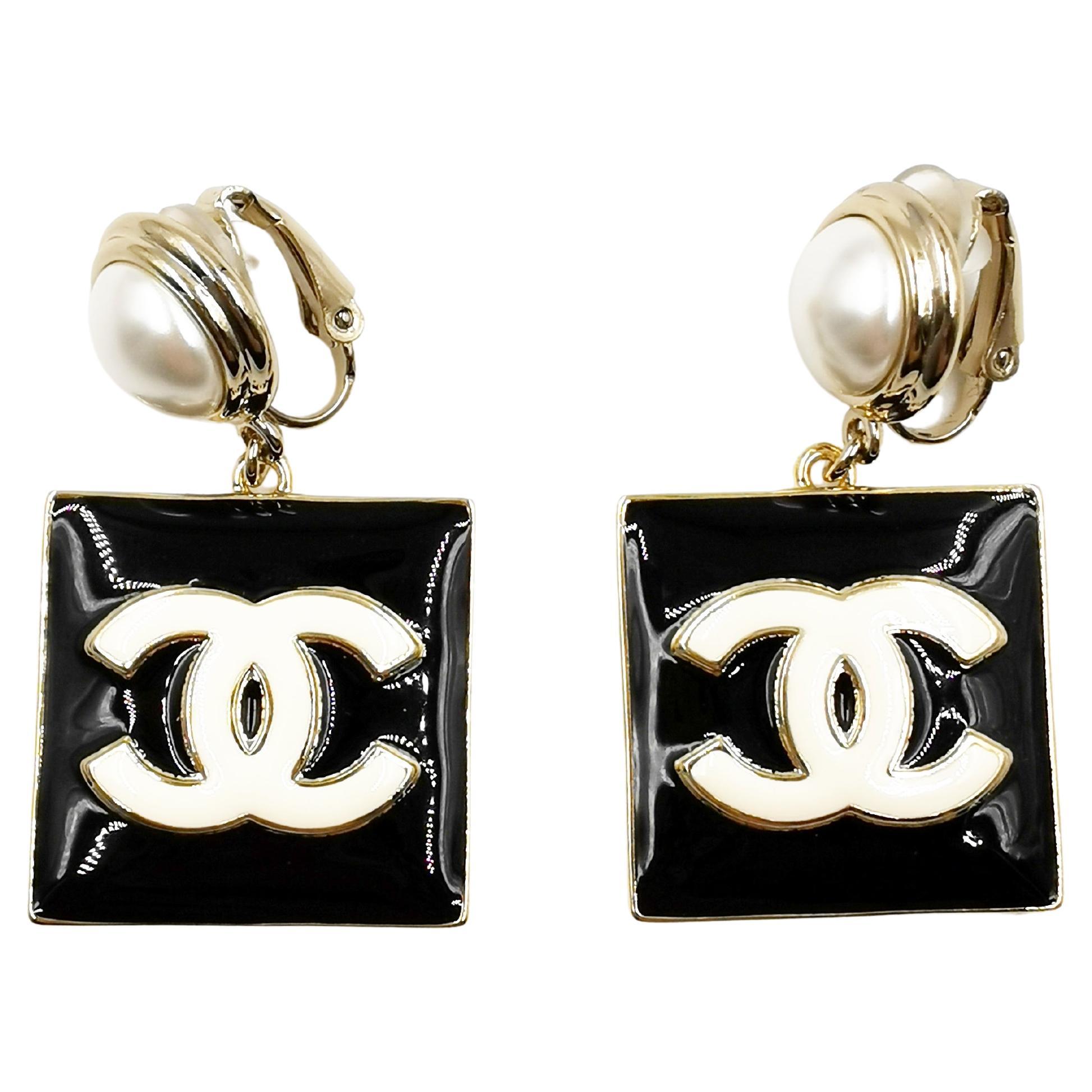 Chanel White Enamel Silver Tone CC Stud Earrings Chanel