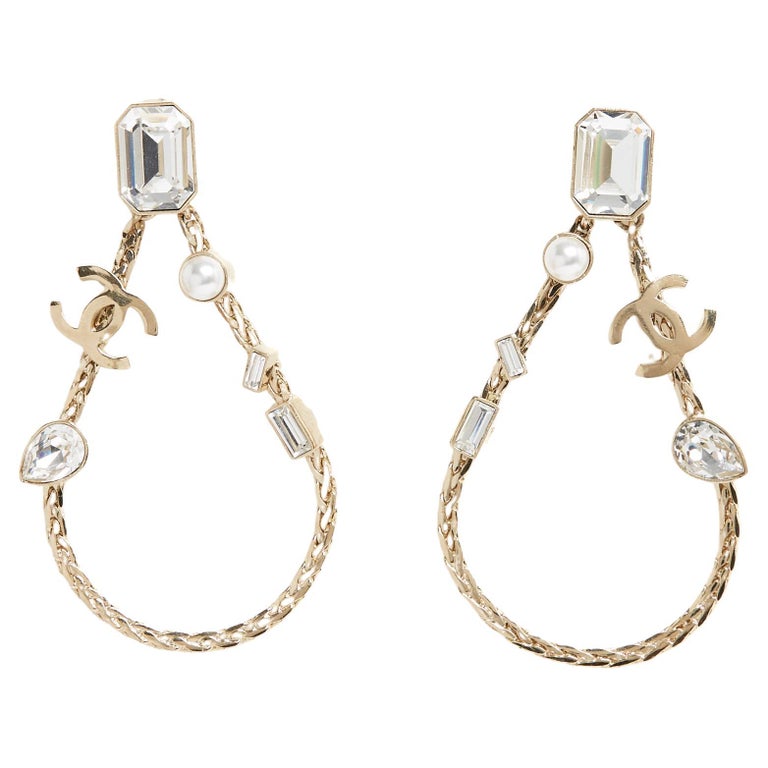 Chanel Beige Enamel CC Logo and Rhinestone Earrings