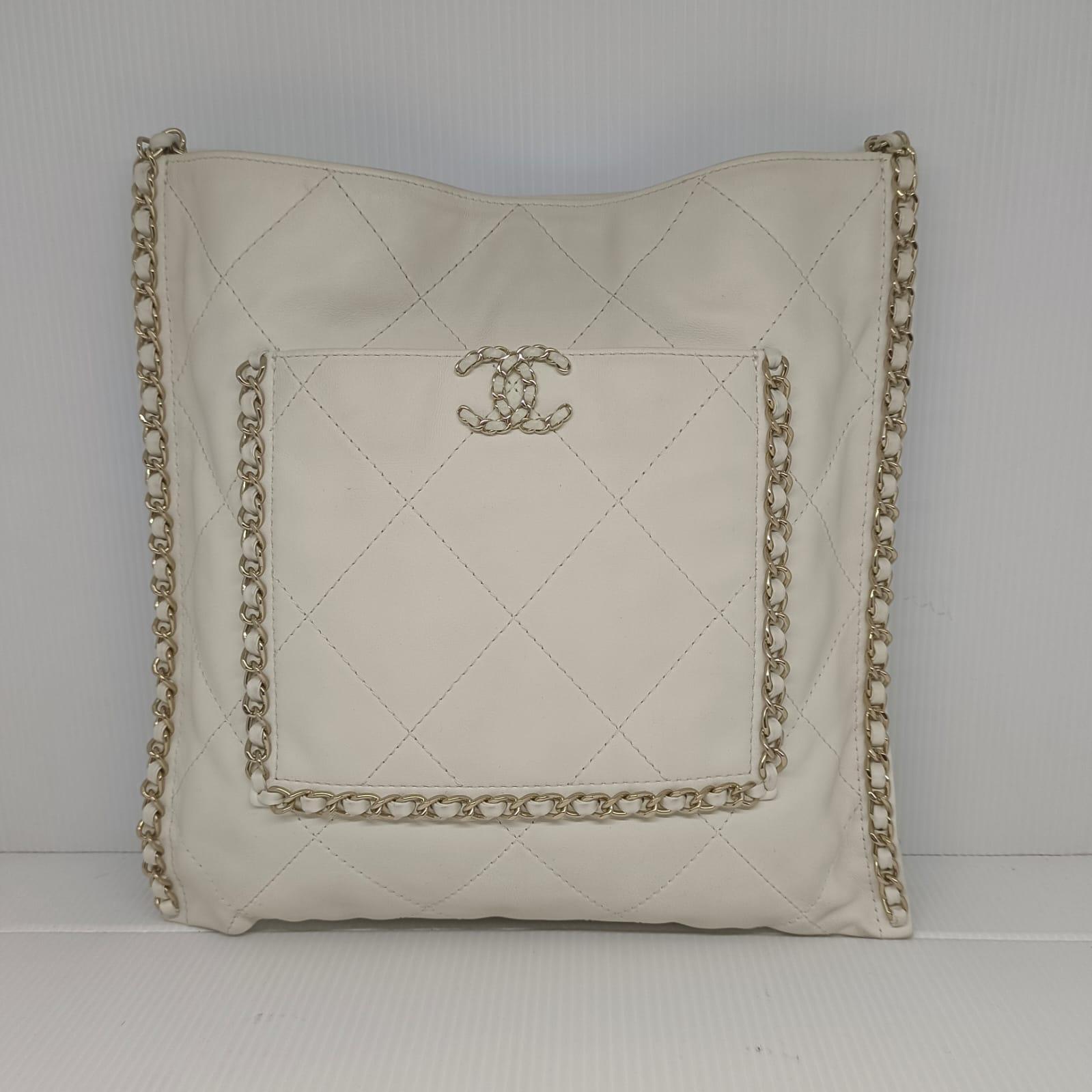2022 Chanel White Calfskin Quilted Chain Trimmed Flat Tote Bag 6