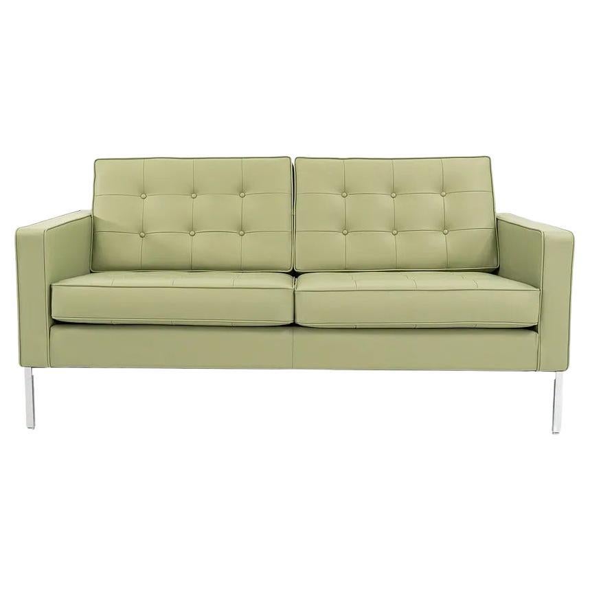 2022 Florence Knoll Two Seat Settee / Loveseat Sofa in Green Leather For Sale