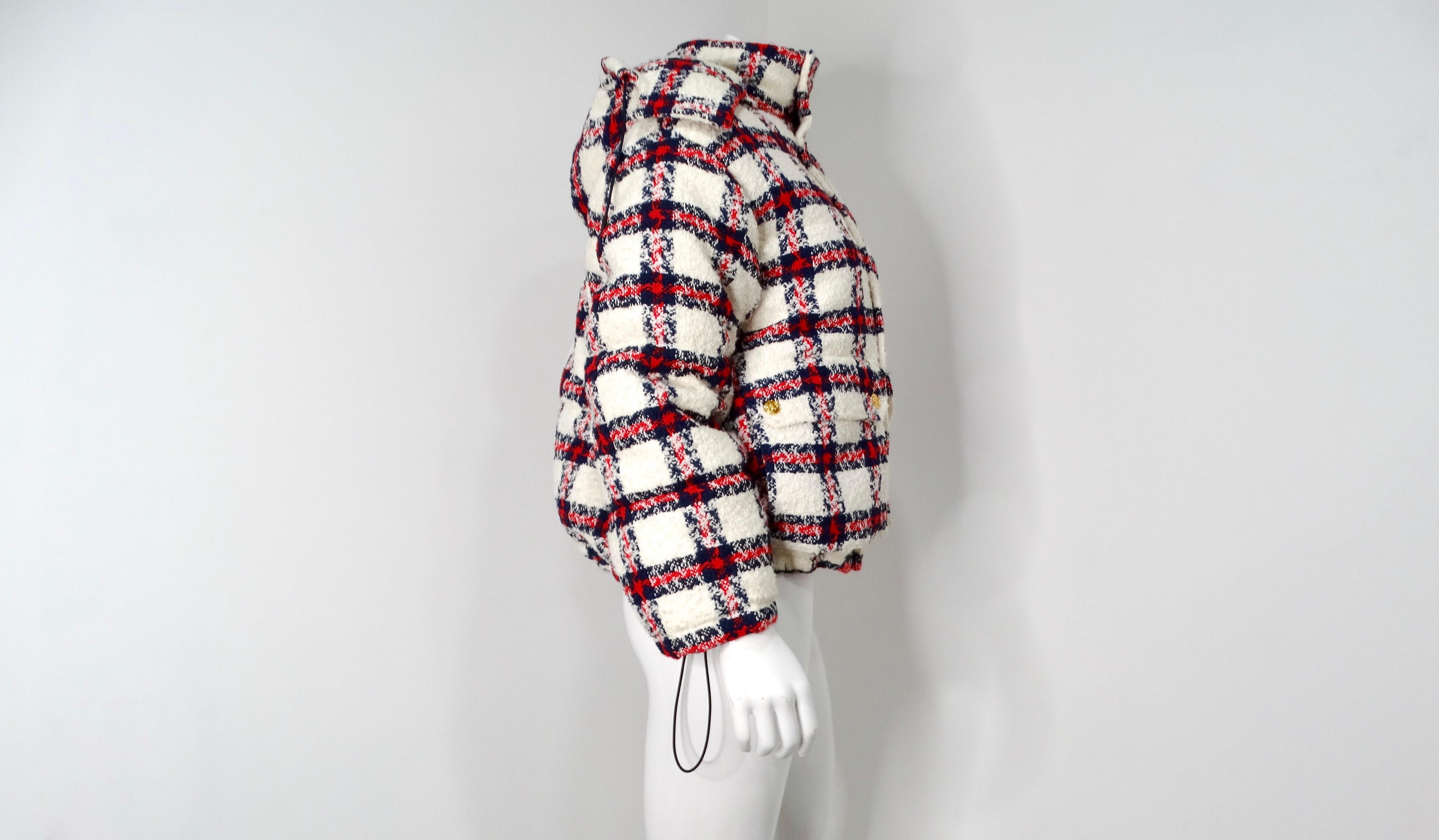 2022 Gucci Tweed Plaid Hooded Jacket With Gold-Tone Buttons In Good Condition For Sale In Scottsdale, AZ