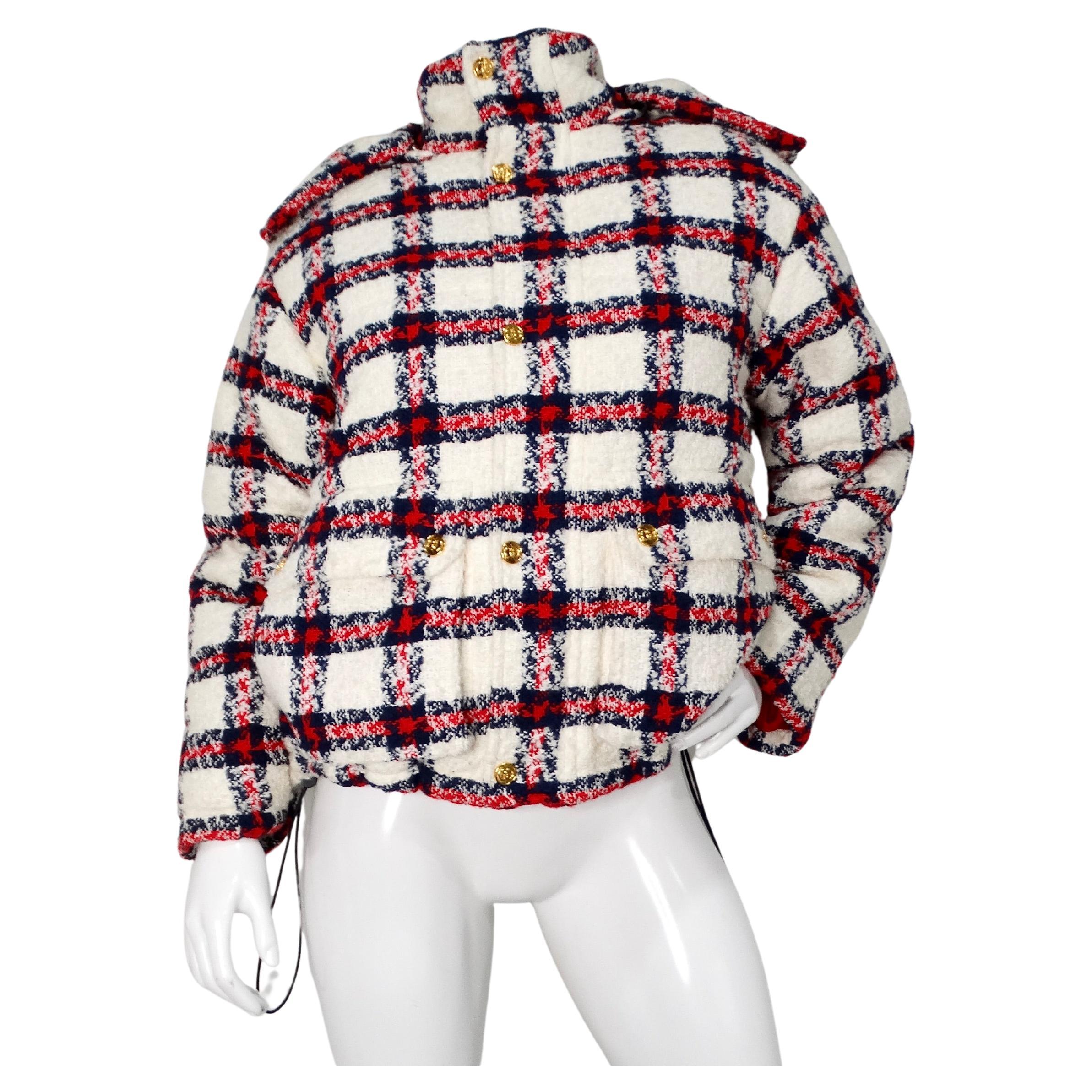 2022 Gucci Tweed Plaid Hooded Jacket With Gold-Tone Buttons For Sale