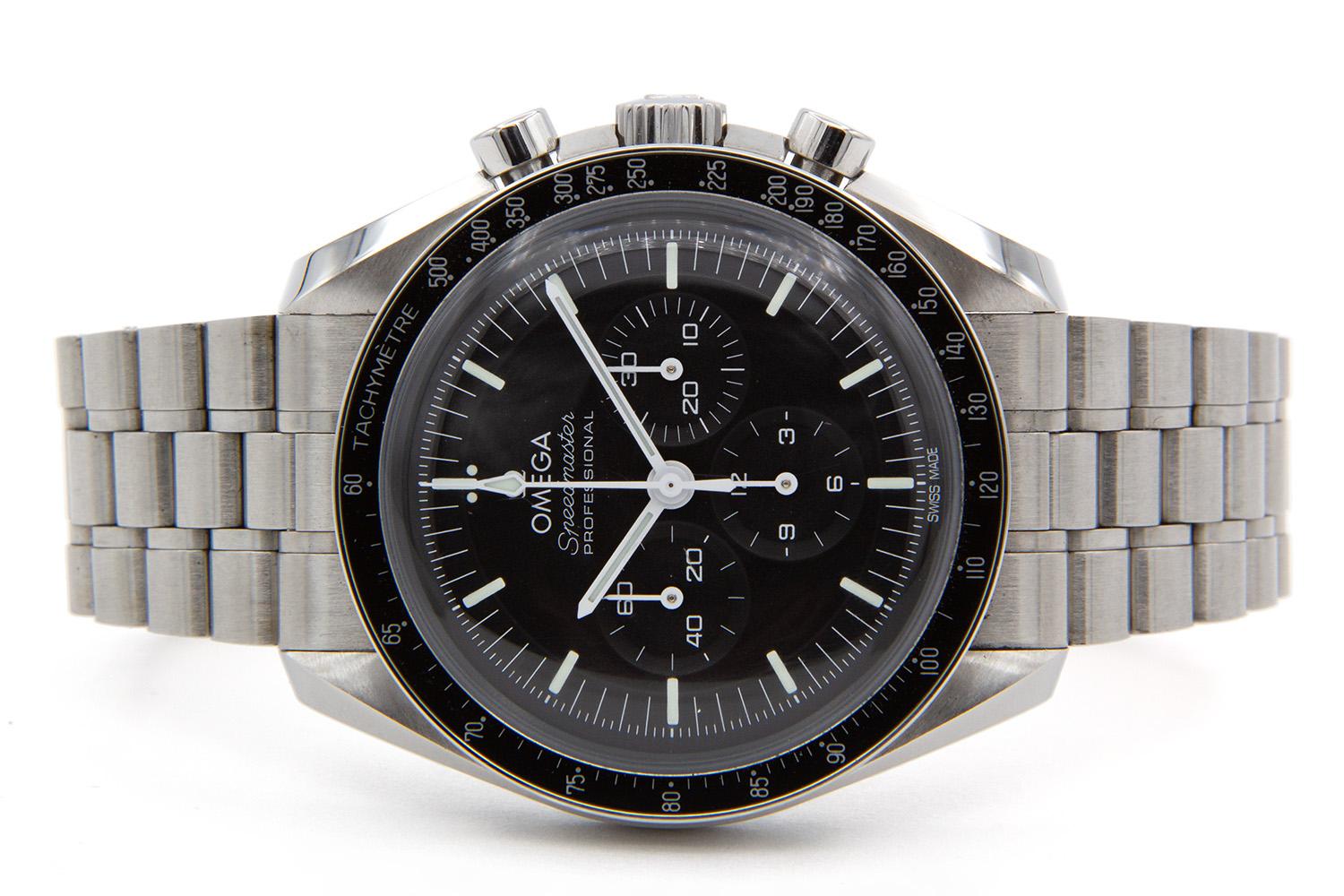 We are pleased to offer this March 2022 Omega Speedmaster Moonwatch Professional Co-Axial Master Chronometer Chronograph 310.30.42.50.01.001 complete with box and papers and still under Omega's 5-year warranty. The Speedmaster Moonwatch is one of