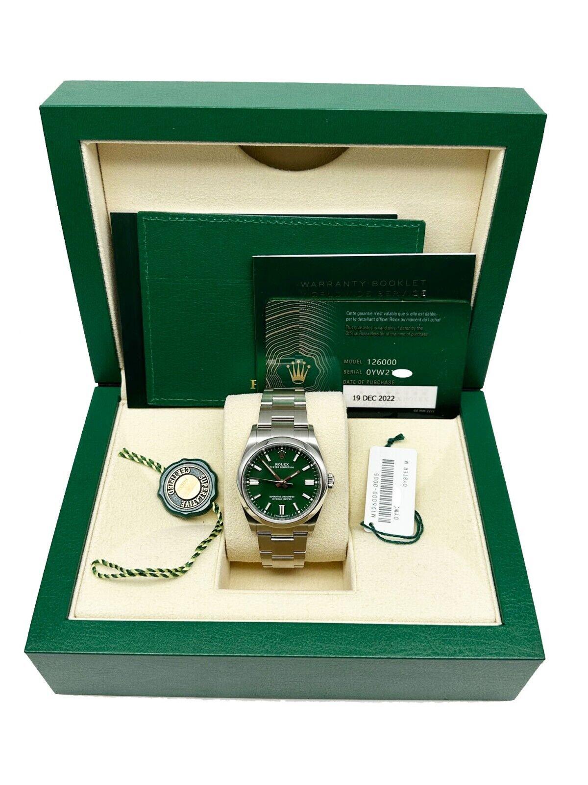2022 Rolex 126000 Oyster Perpetual Grünes Zifferblatt 36mm Edelstahl Box Papier Herren