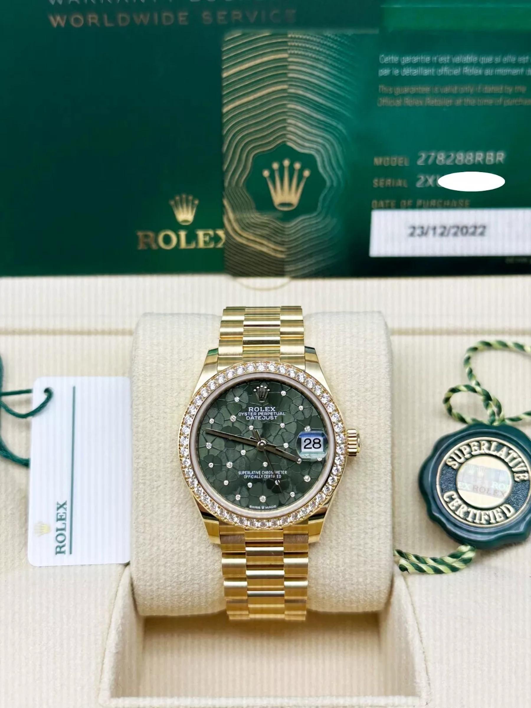 2022 Rolex 278288RBR Mittelgroß 31mm Präsident Grünes Blumenzifferblatt 18K Gold BP 4