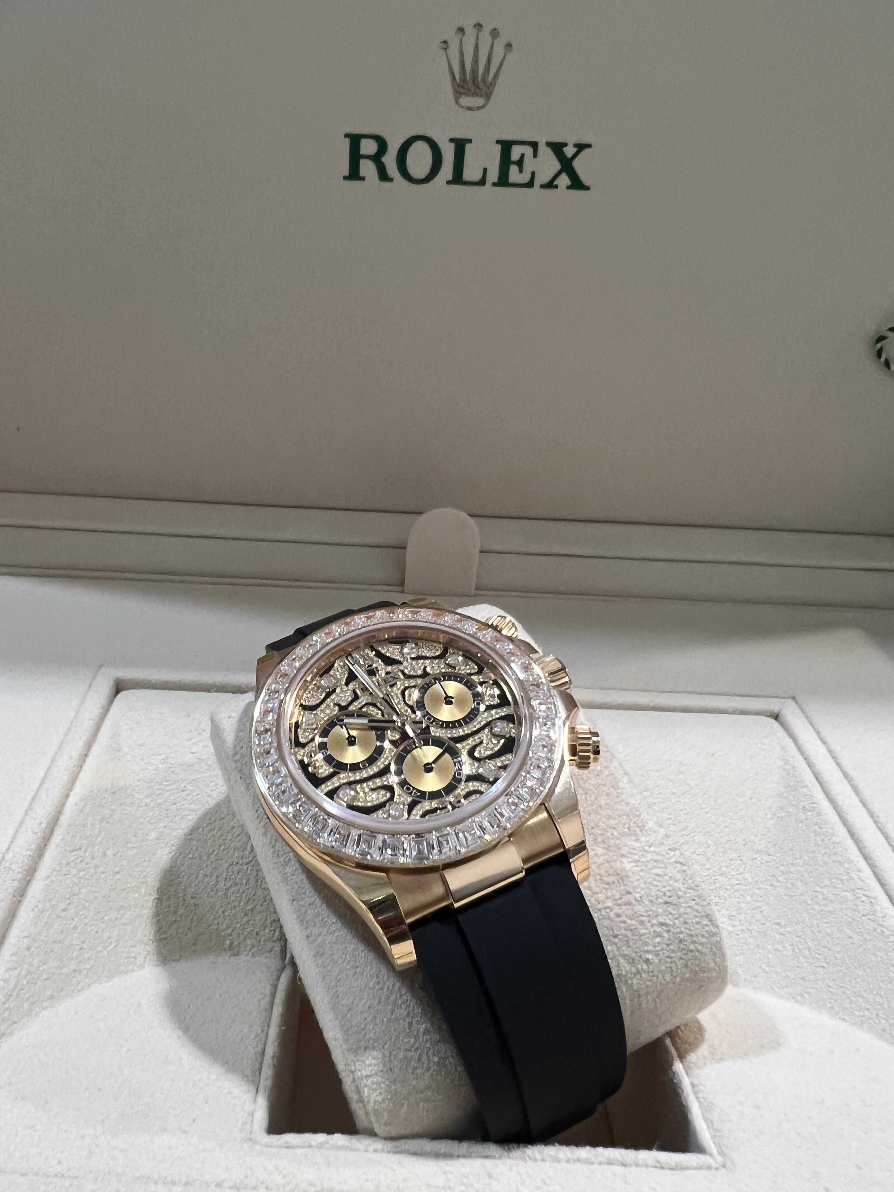 Rolex surprised the masses at Baselworld 2019 with this beautifully bedazzled Cosmograph Daytona 116588TBR. Nicknamed “Eye of the Tiger,” the Rolex Cosmograph Daytona 116588TBR has a tiger-print, diamond-laced dial, a gem-set yellow-gold bezel with