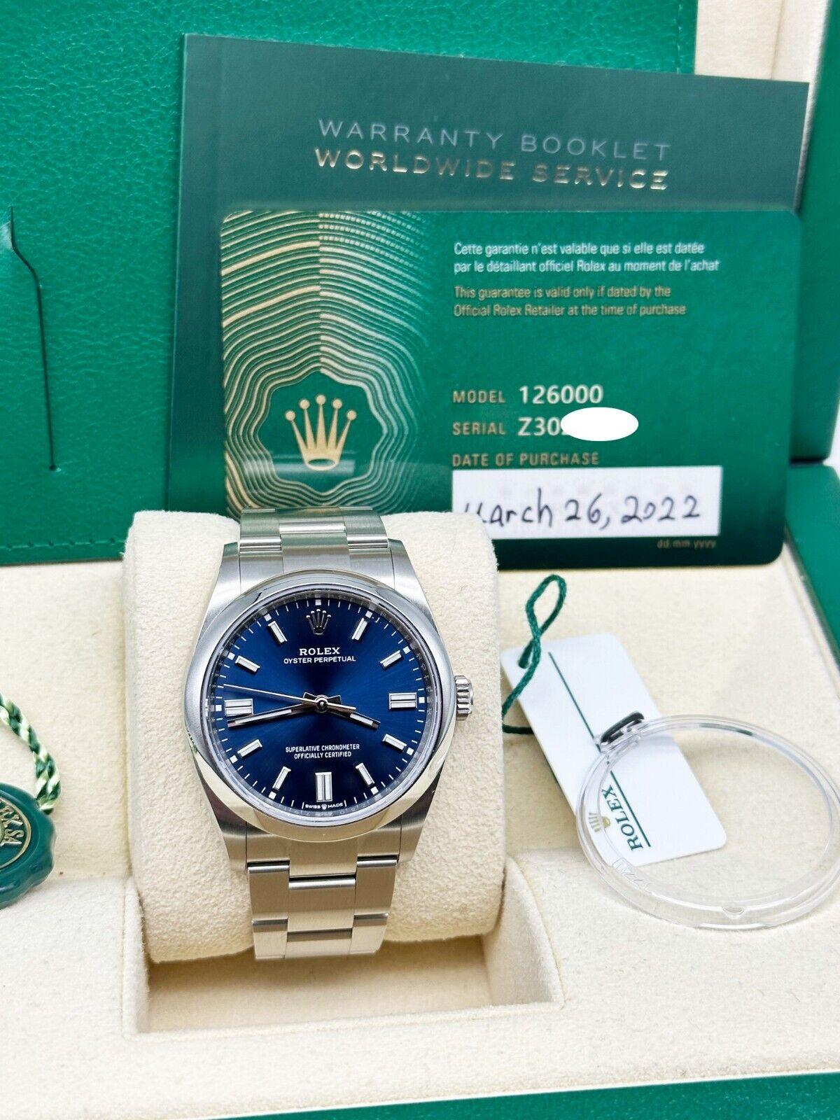 2022 Rolex Oyster Perpetual 126000 36mm Blue Dial Stainless Box Paper In Excellent Condition For Sale In San Diego, CA