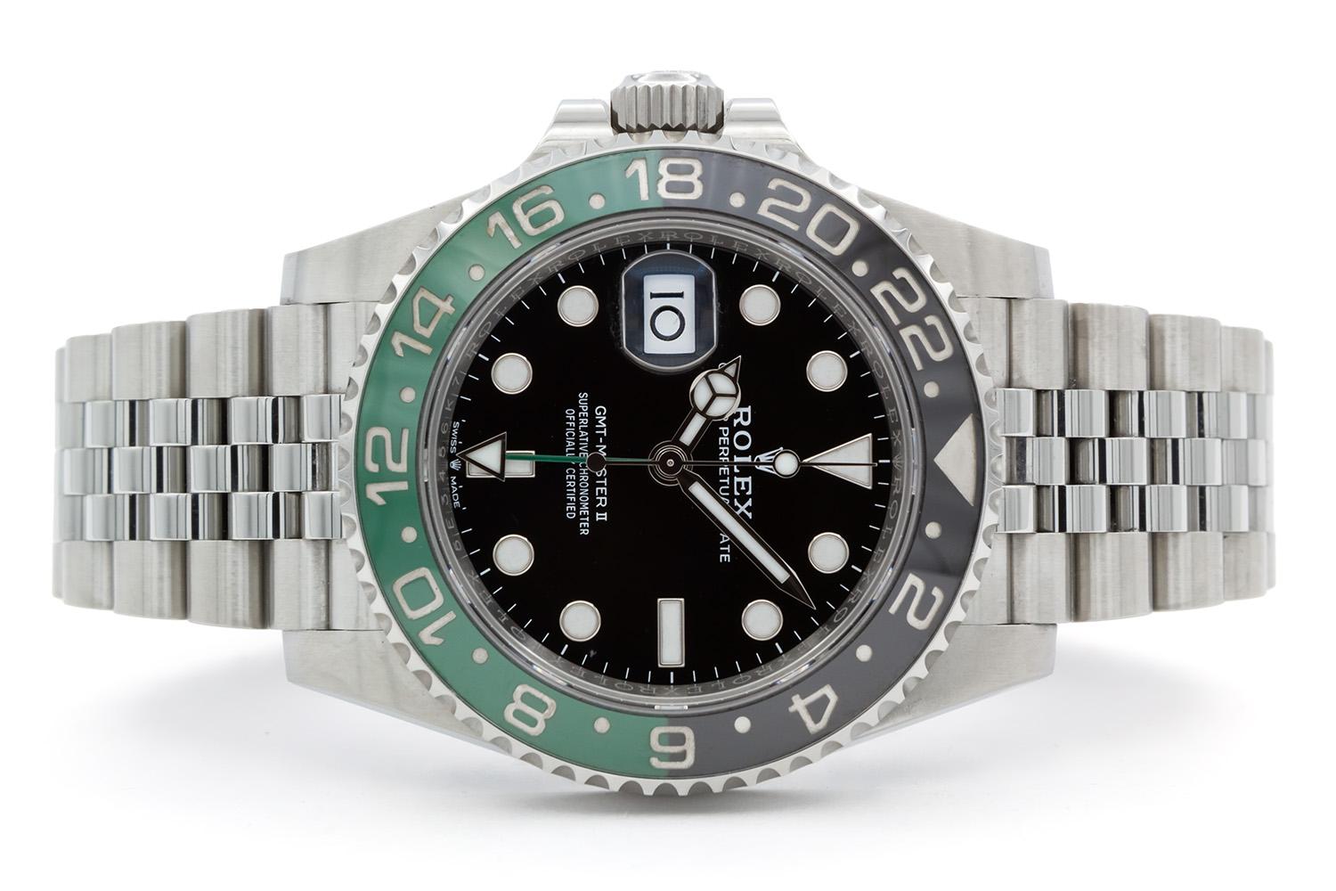 We are pleased to offer this Excellent Condition Rolex Mens Stainless Steel GMT Master II 126720VTNR “Sprite”. This watch features the classic 40mm stainless steel case in a left handed version, elegant Rolex black maxi dial, Rolex green & black