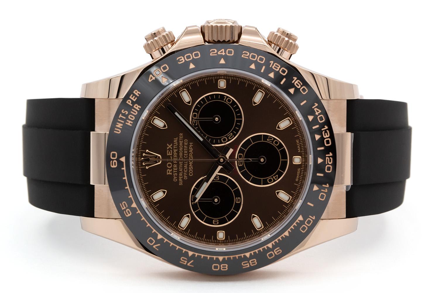 We are pleased to offer this UNWORN MINT CONDITION 2022 Rolex 18k Everose Gold Ceramic Daytona Oysterflex Chocolate Dial 116515LN With Original Box & Papers. As we're sure you know Rolex sport models are quite hard to find these days. This classic