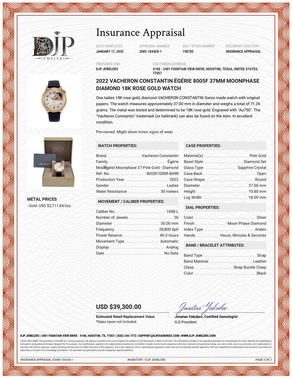 2022 Vacheron Constantin éGérie 8005F 37MM Moonphase Diamond 18K Rose Gold Watch For Sale 6