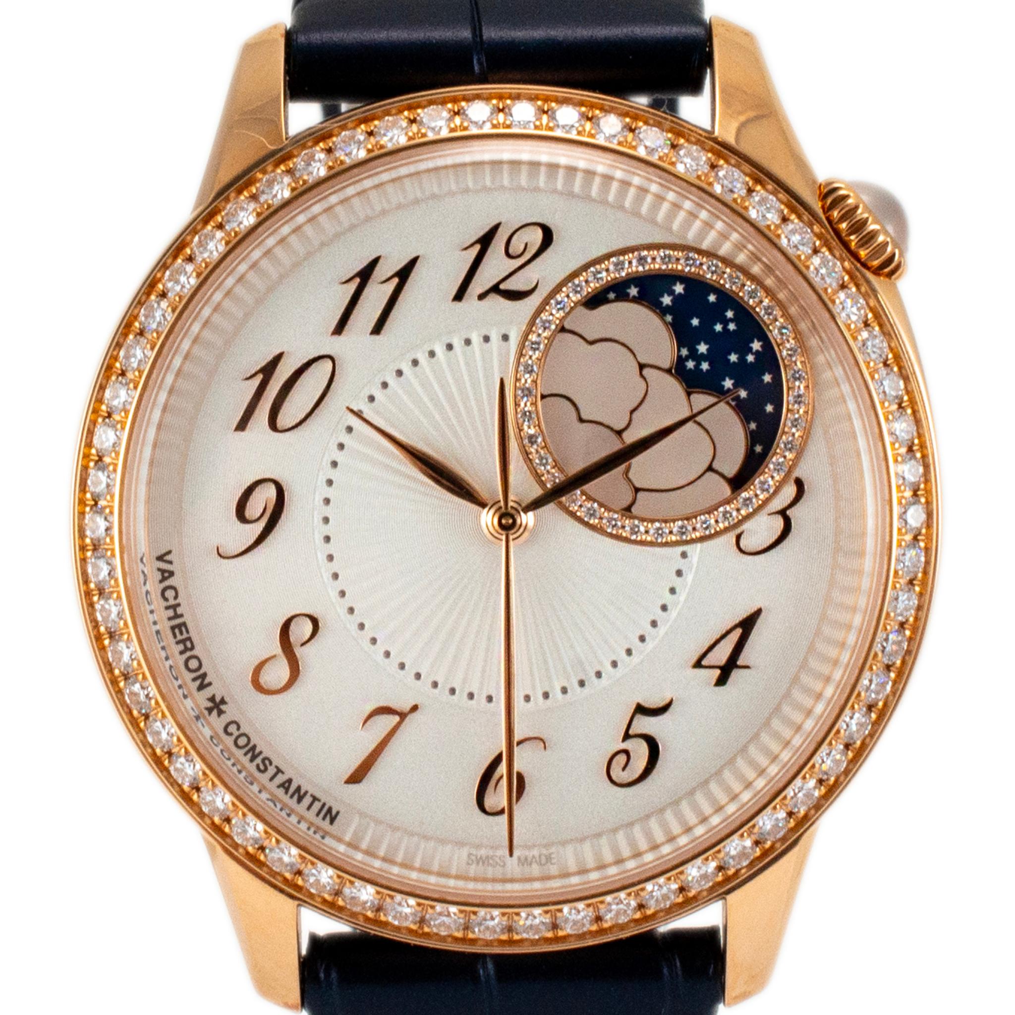 Brand: Vacheron Constantin

Gender: Ladies

Metal Type: 18K Rose Gold

Diameter: 37.00 mm

Weight: 71.26 grams

18K Rose Gold diamond VACHERON CONSTANTIN Swiss made watch with original papers. The metal was tested and determined to be 18K rose gold.