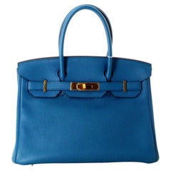 2023 Birkin Handbag 30 Hermes Blue Grain Leather