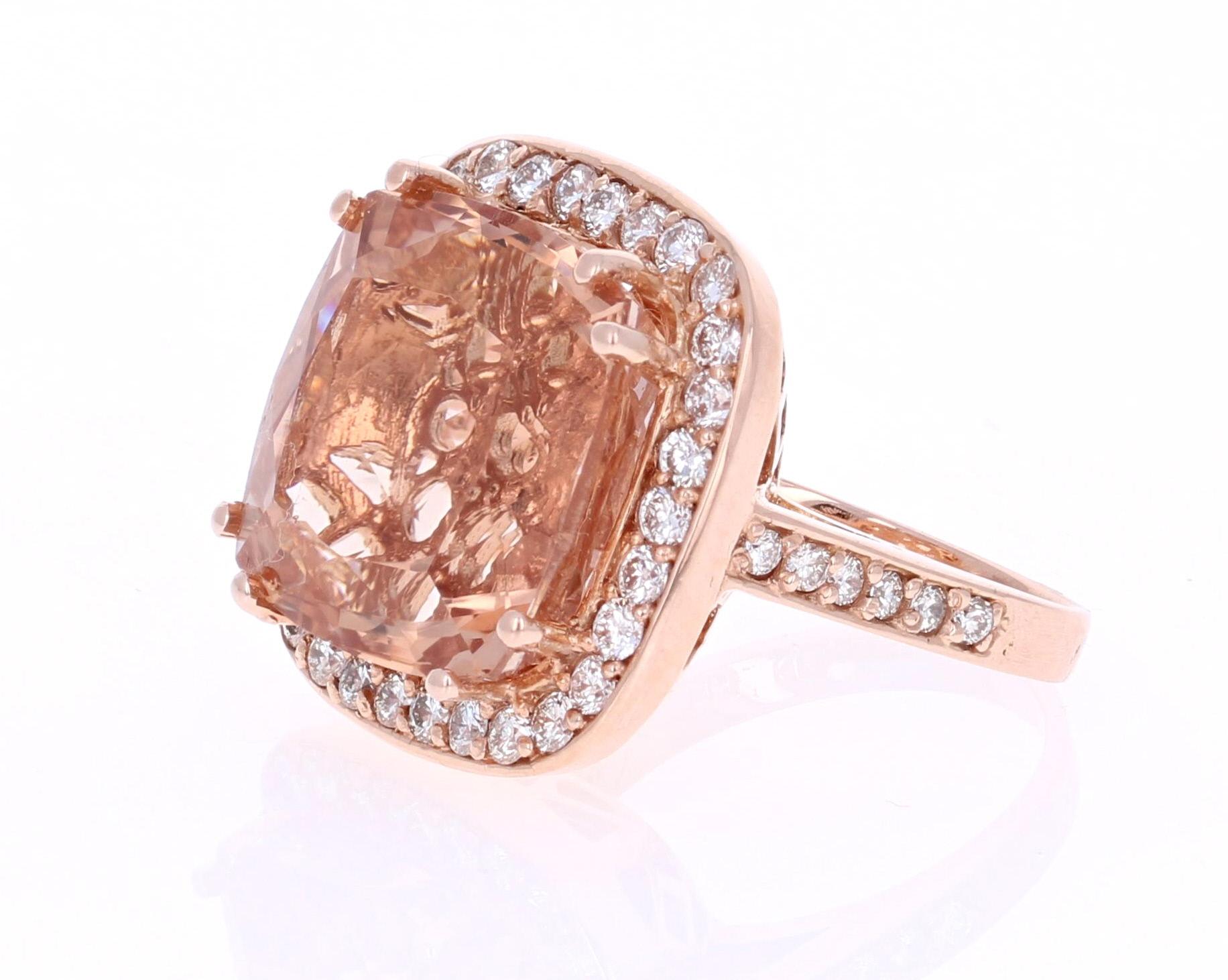 Statement Morganite Diamond Ring! 

This Morganite ring has a 19.01 Carat Square-Cushion Cut Morganite and is surrounded by 42 Round Cut Diamonds that weigh 1.22 Carats. The total carat weight of the ring is 20.23 Carats.  

It is set in 14 Karat