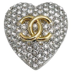 2023 Chanel 23A Gold Tone CC Logo Crystal Heart Pin Brooch