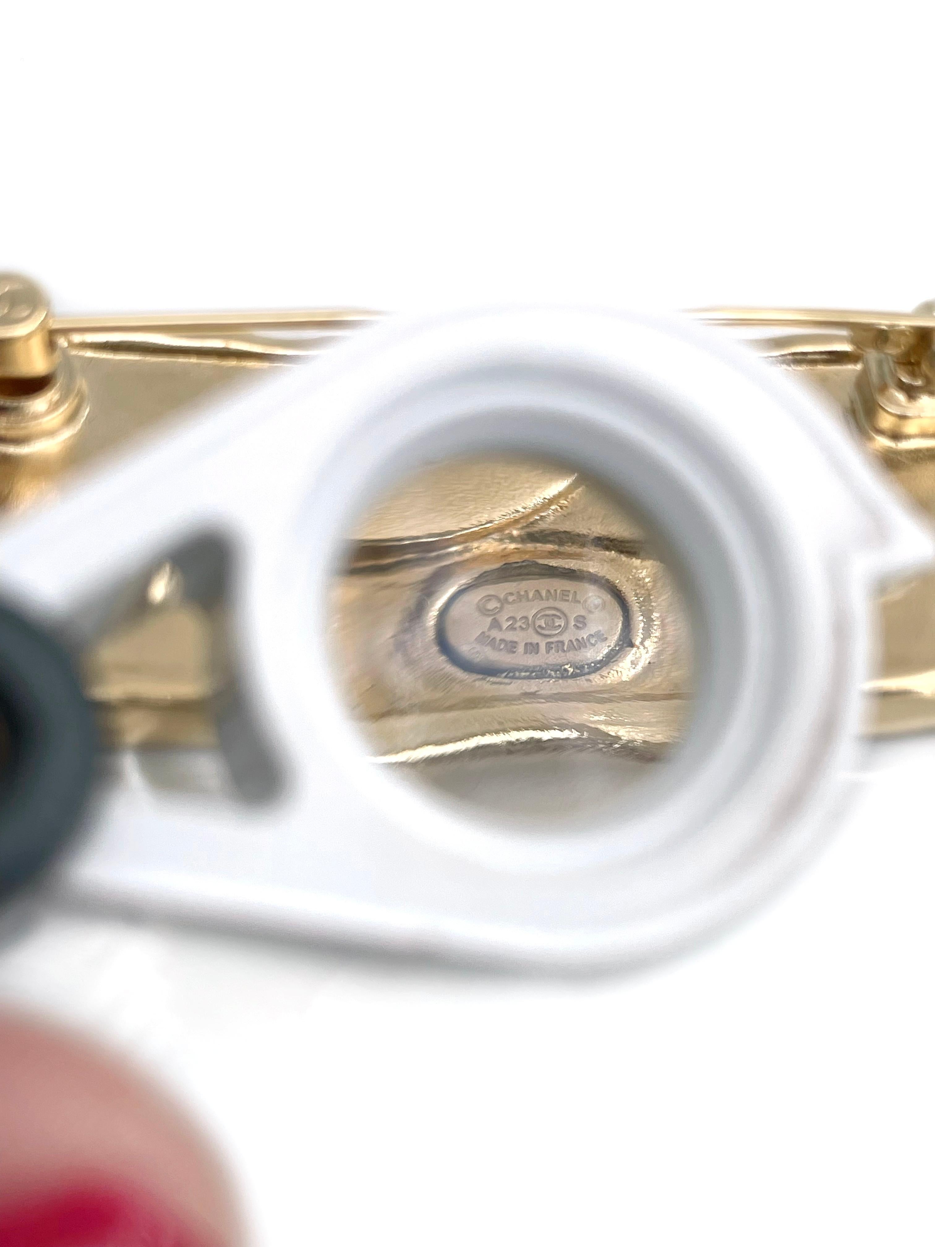 Women's 2023 Chanel A23S Gold Tone Black Leather Logo Plate Bar Brooch