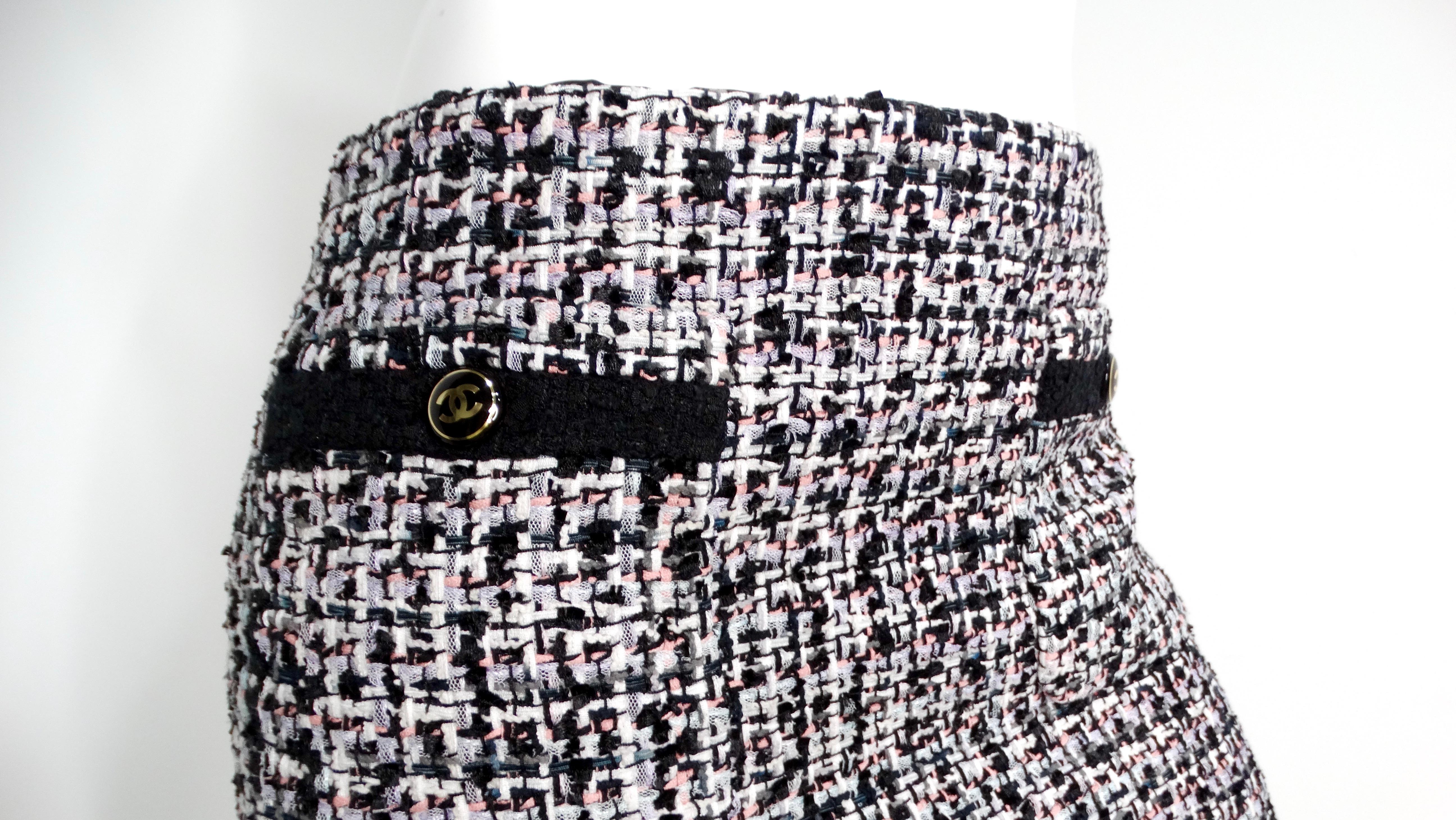 Gray 2023 Chanel Black, White & Pink Tweed Mini Skirt
