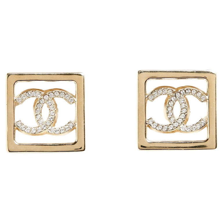 Chanel Gold Tone Baguette Crystal CC Clip On Stud Earrings Chanel