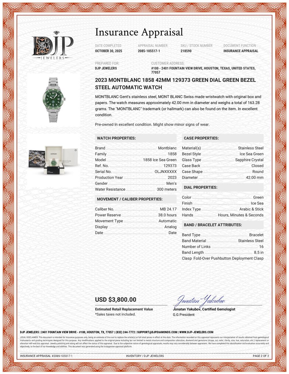 2023 Reloj Montblanc 1858 42MM 129373 Esfera verde Bisel verde Acero Automático en venta 7