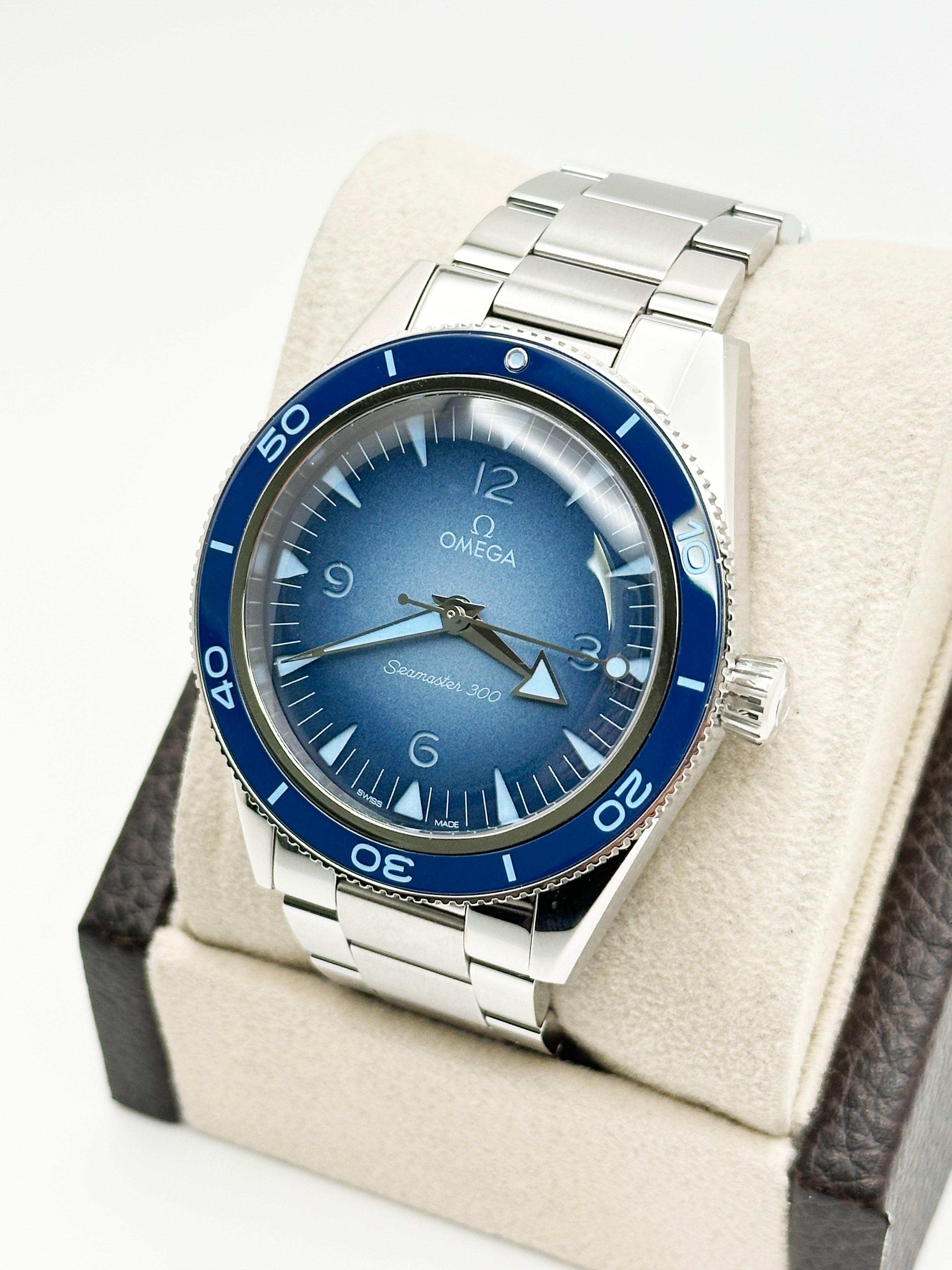 2023 Omega Seamaster 300 Summer Blue 234.30.41.21.03.002 41mm Steel Box Paper In Excellent Condition For Sale In San Diego, CA