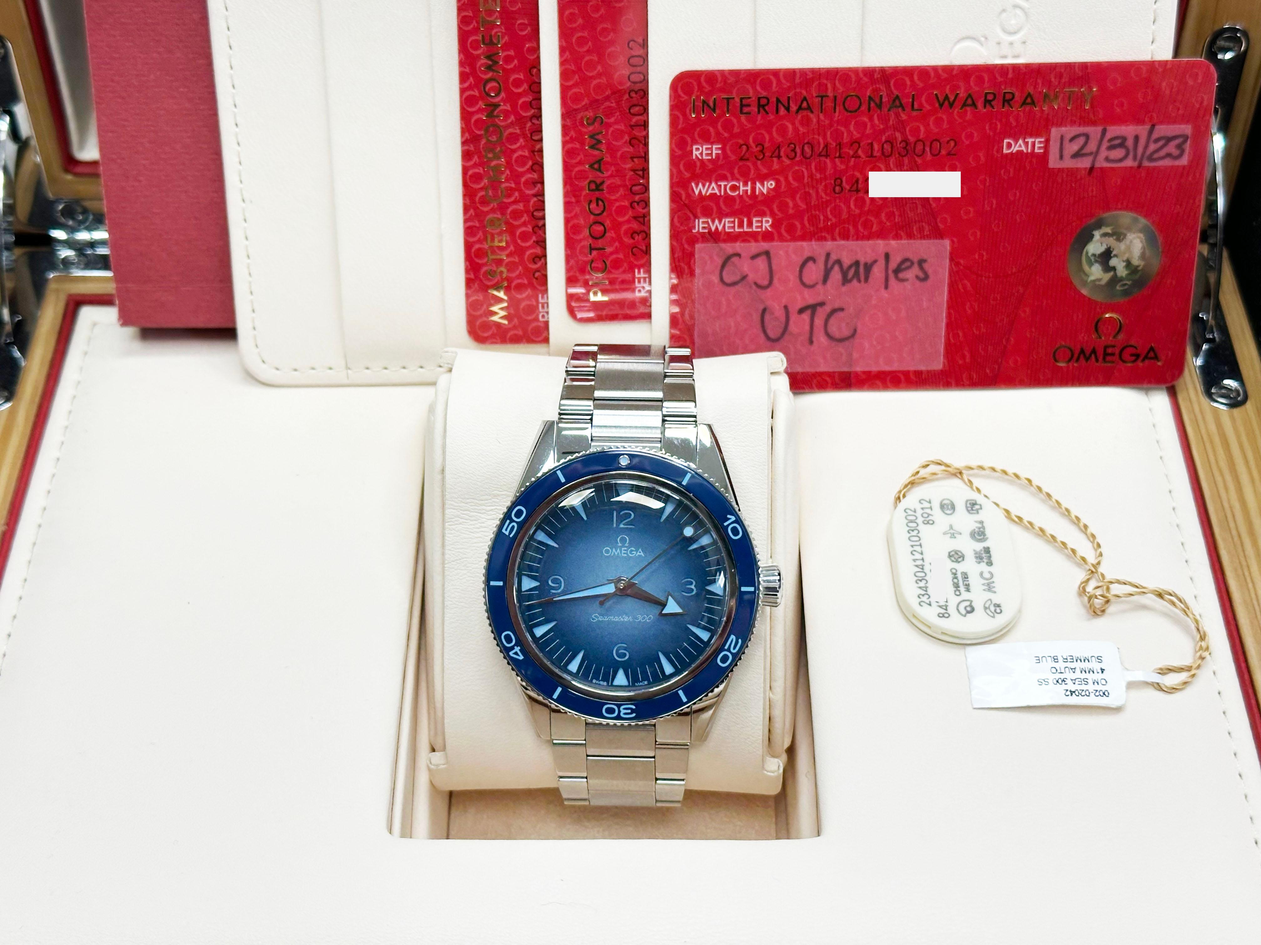 2023 Omega Seamaster 300 Summer Blue 234.30.41.21.03.002 41mm Steel Box Paper For Sale 4