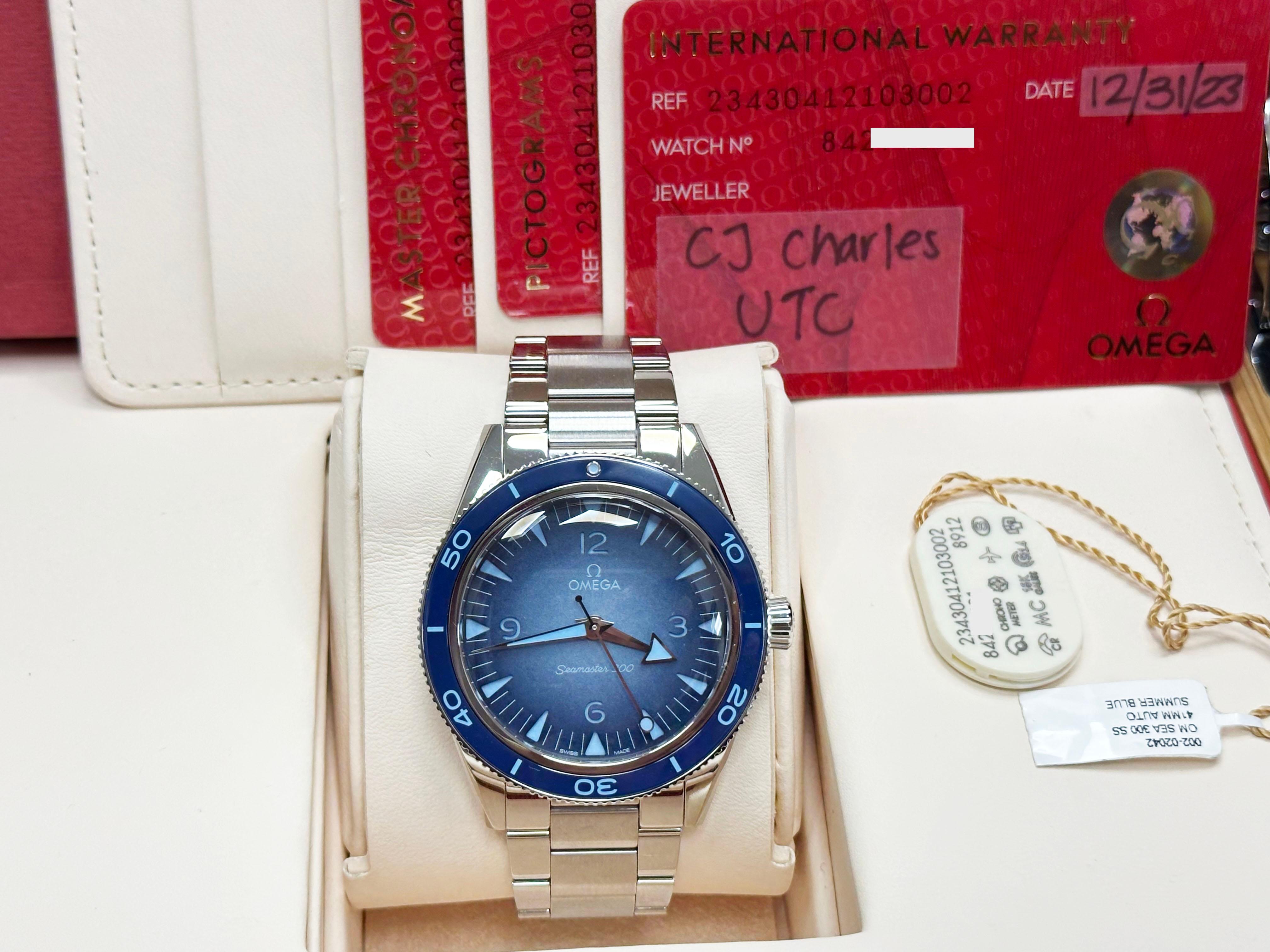 2023 Omega Seamaster 300 Summer Blue 234.30.41.21.03.002 41mm Steel Box Paper For Sale 5