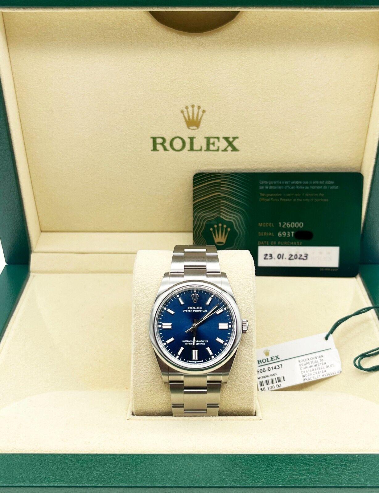 Style Number: 126000

Serial: 693T2***

Year: 2023

Model: Oyster Perpetual

Case Material: Stainless Steel 

Band: Stainless Steel 

Bezel: Stainless Steel 

Dial: Blue

Face: Sapphire Crystal 

Case Size: 36mm

 Includes: 

-Rolex Box &