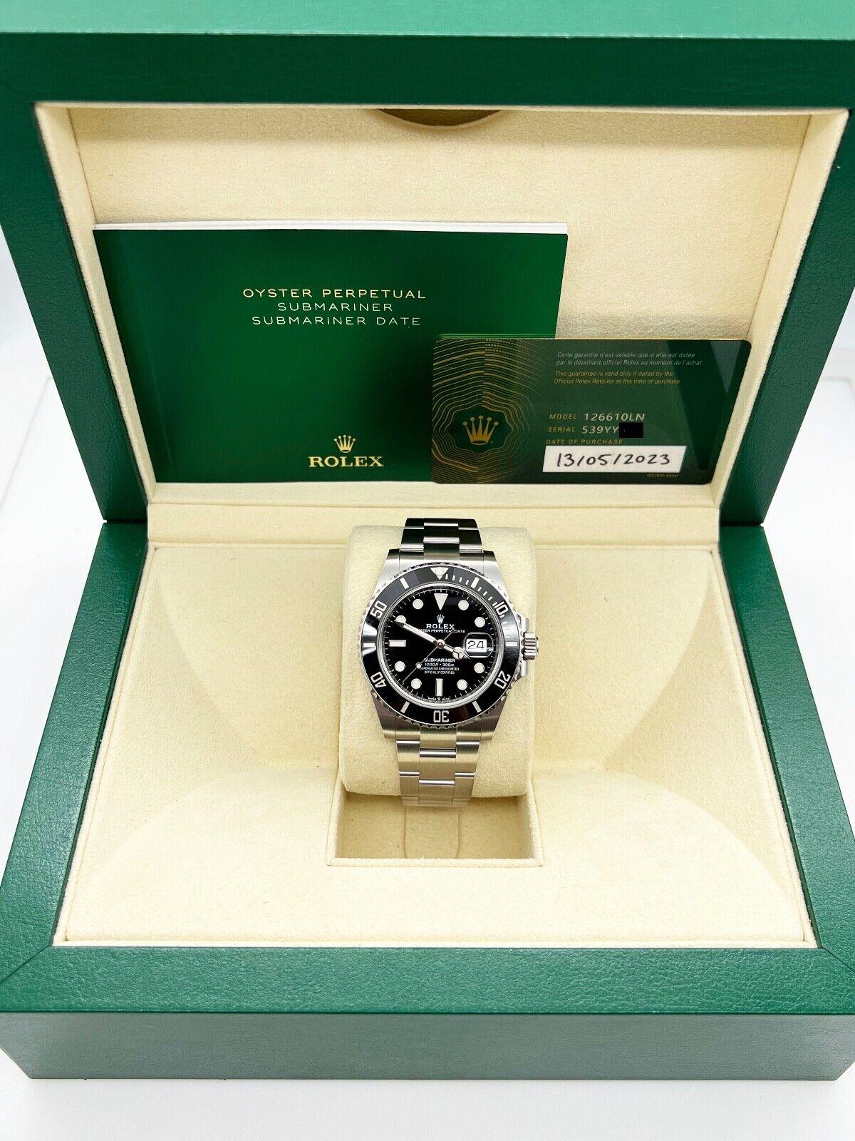 Style Number: 126610



Serial: 539YY***



Year: 2023

 

Model: Submariner

 

Case Material: Stainless Steel 

 

Band: Stainless Steel 

 

Bezel: Black Ceramic 

 

Dial: Black 

 

Face: Sapphire Crystal 

 

Case Size: 41mm 

 

Includes: