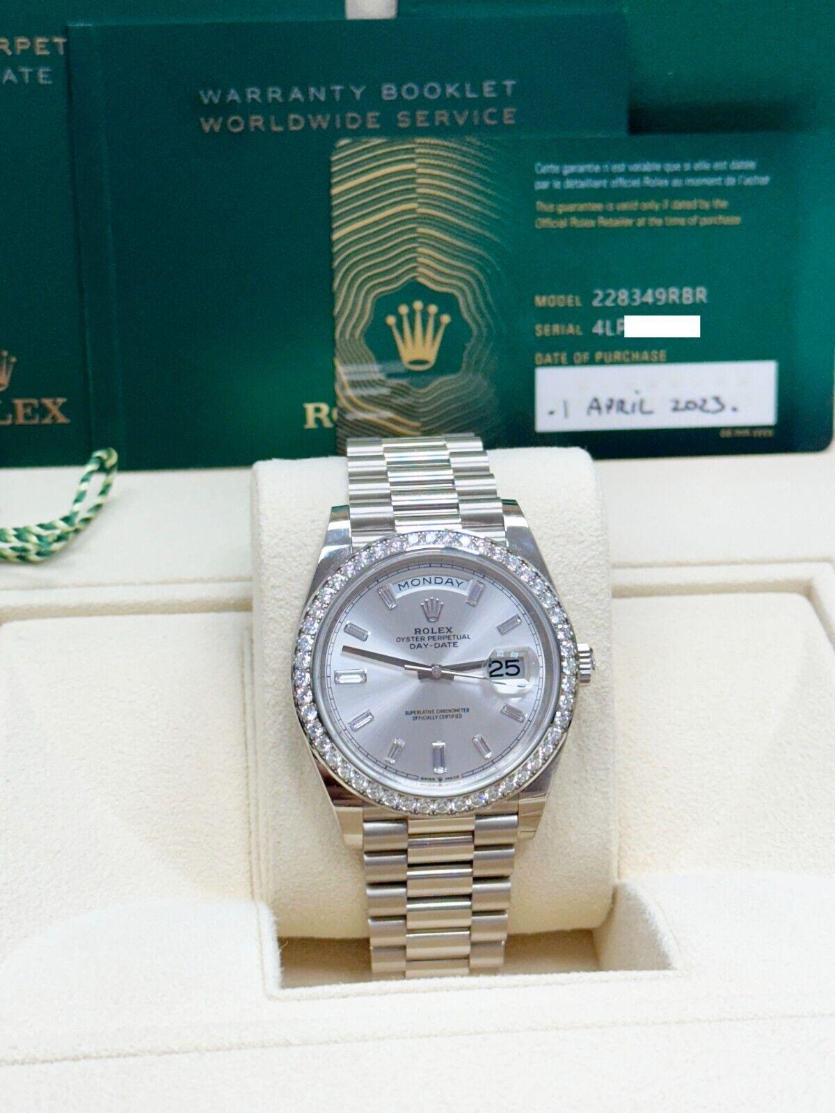 2023 Rolex 228349RBR President Baguette Diamond Dial Bezel 40mm 18K White Gold In Excellent Condition For Sale In San Diego, CA