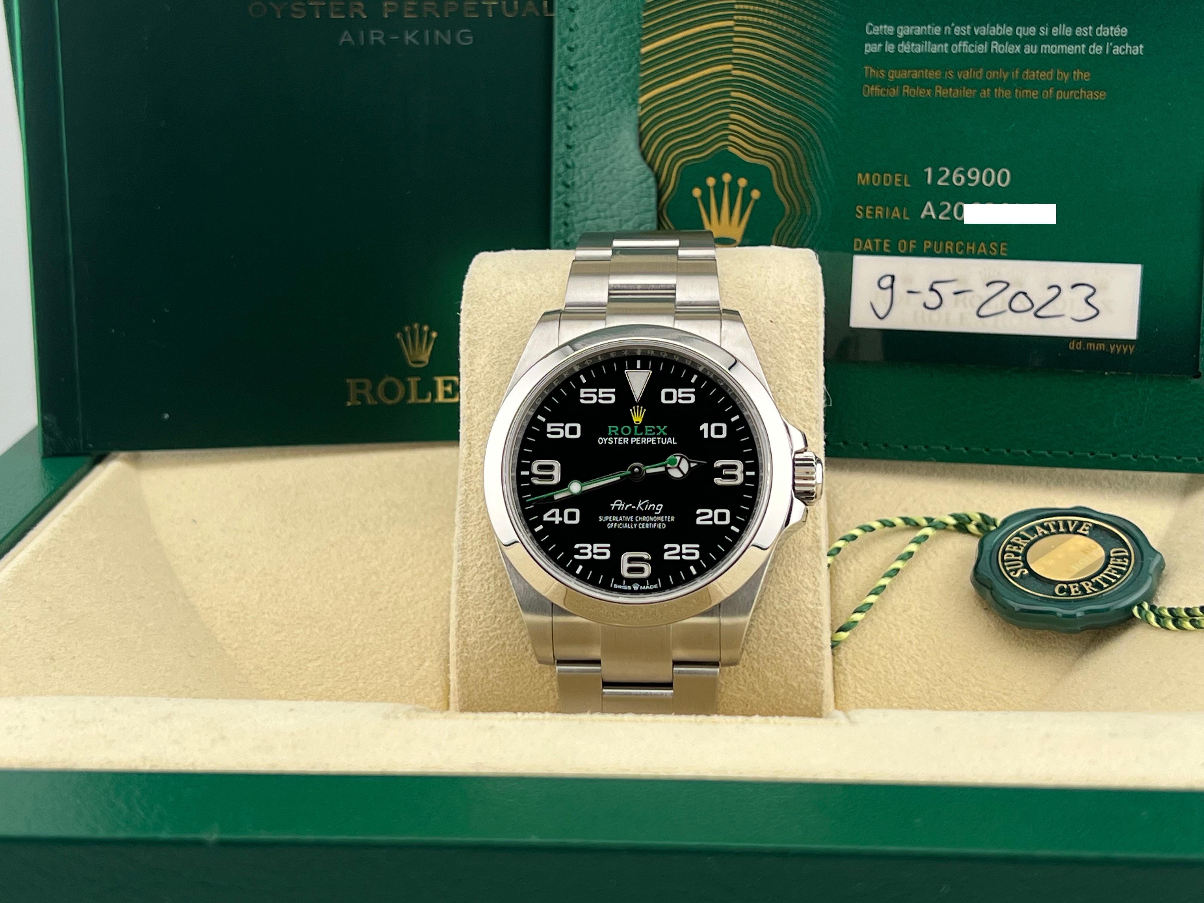 Style Number: 126900



Serial: A2063***



Year: 2023

 

Model: Rolex Air King

 

Case Material: Stainless Steel

 

Band: Stainless Steel

  

Bezel: Stainless Steel

  

Dial: Black Dial 

 

Face: Sapphire Crystal 

 

Case Size: 40mm 

