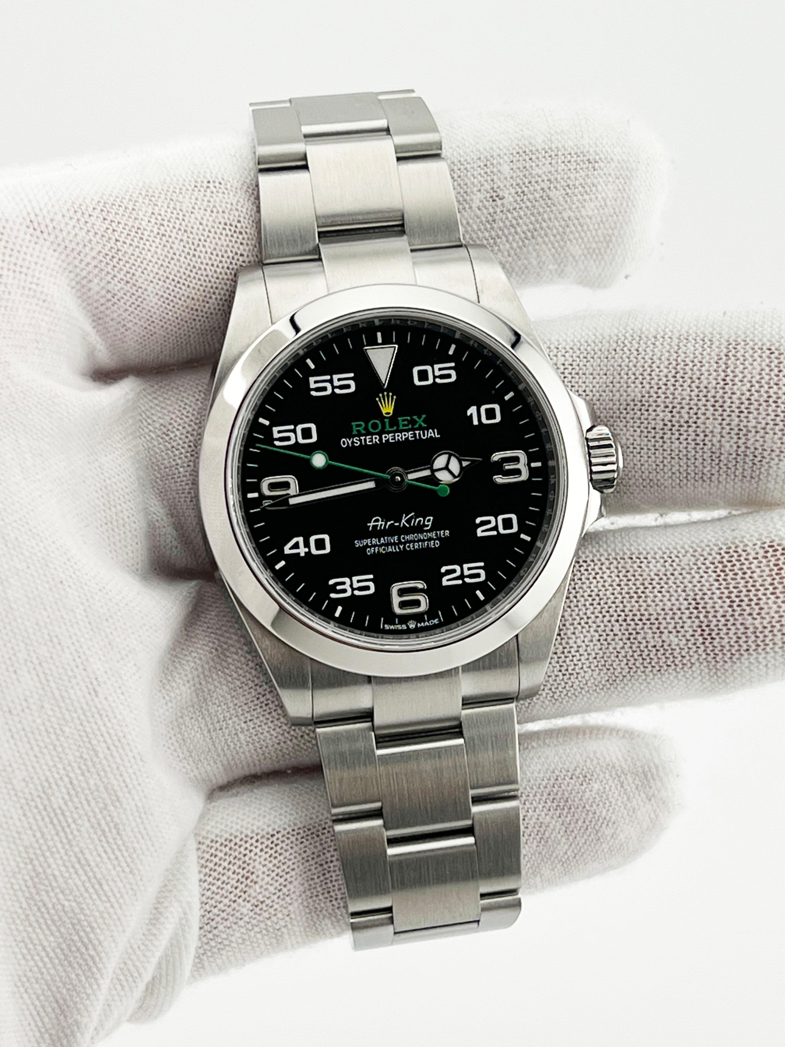 2023 Rolex Air King 126900 40mm Black Dial Stainless Steel Box Paper In Excellent Condition In San Diego, CA