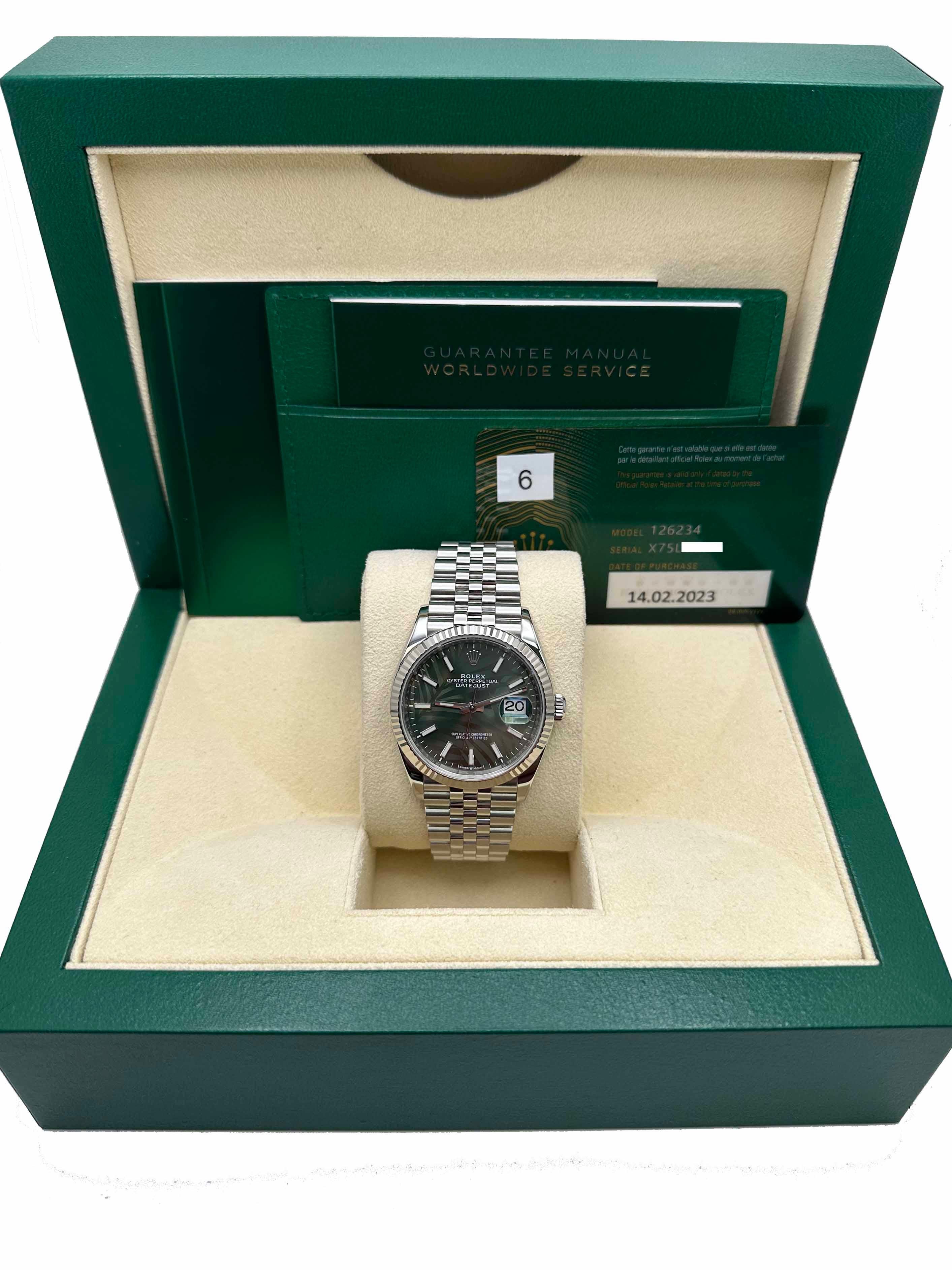 Rolex Datejust 126234 36mm Grünes Palmenmotiv Zifferblatt Edelstahl Box Papier 2023 im Zustand „Hervorragend“ in San Diego, CA